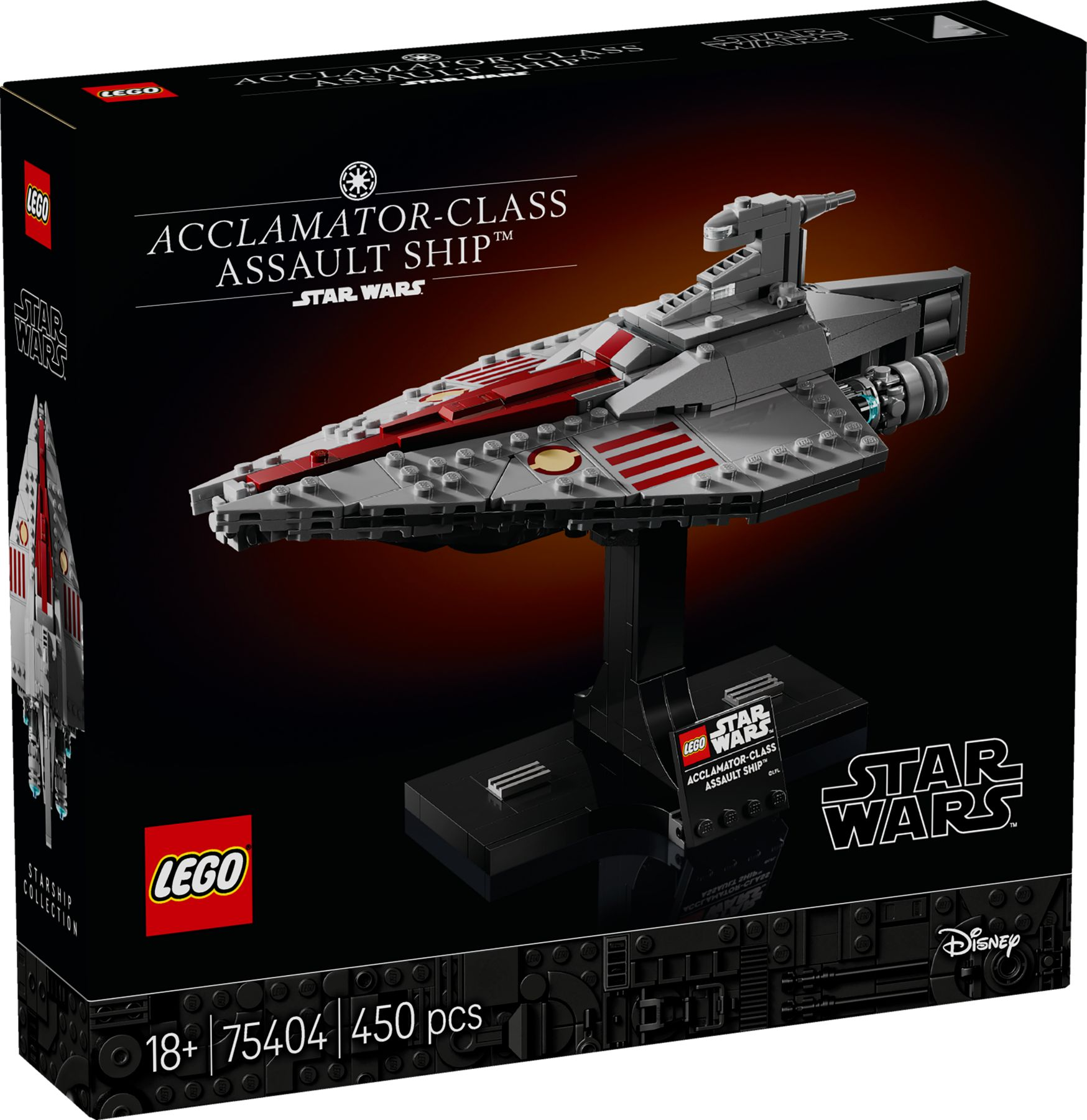 LEGO Star Wars Acclamator-Klasse Angriffsschiff-Set-Box mit Modell auf Ständer.