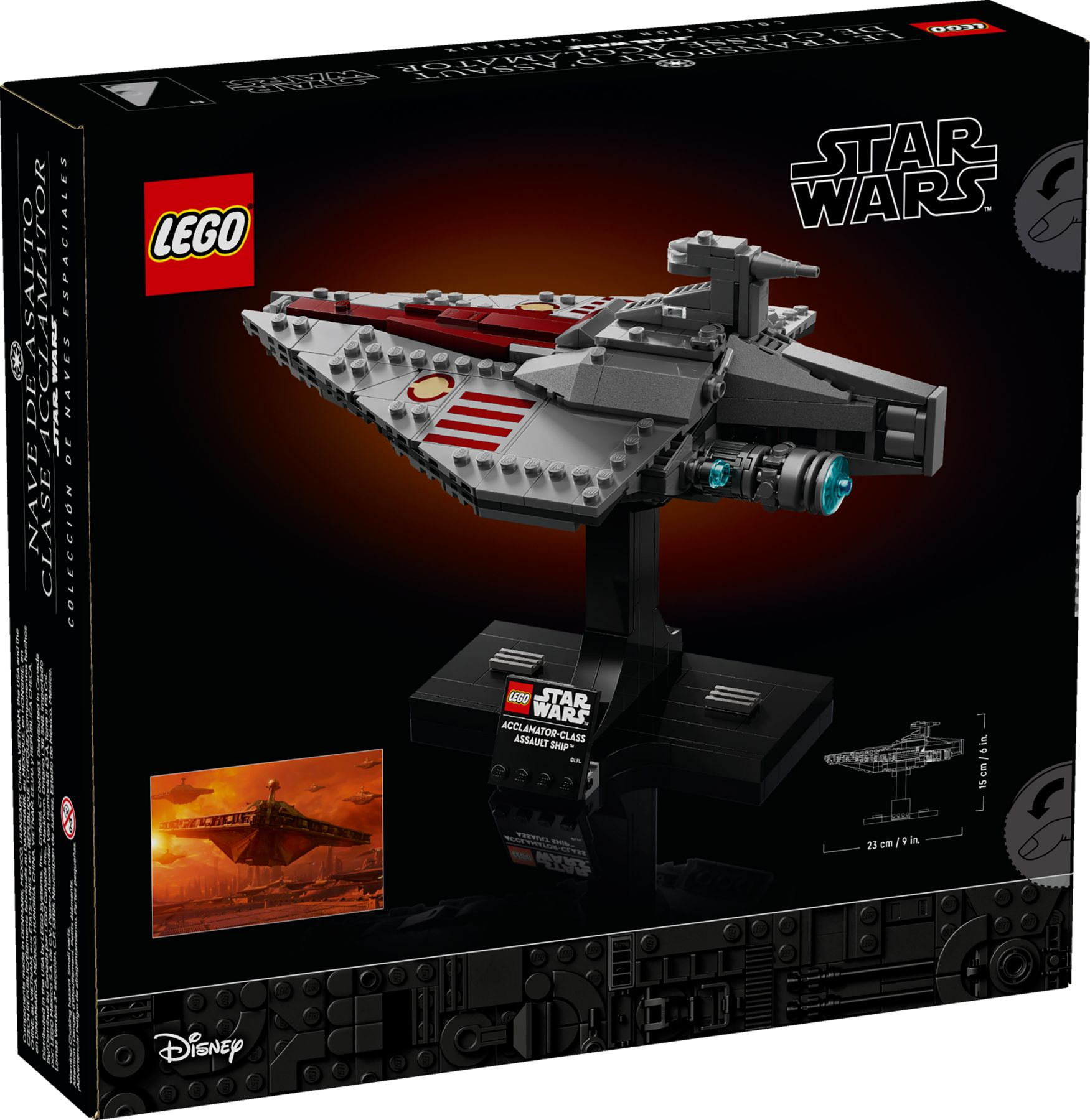 LEGO Star Wars Acclamator-Klasse Angriffsschiff auf Ständer, mit Detailansicht.