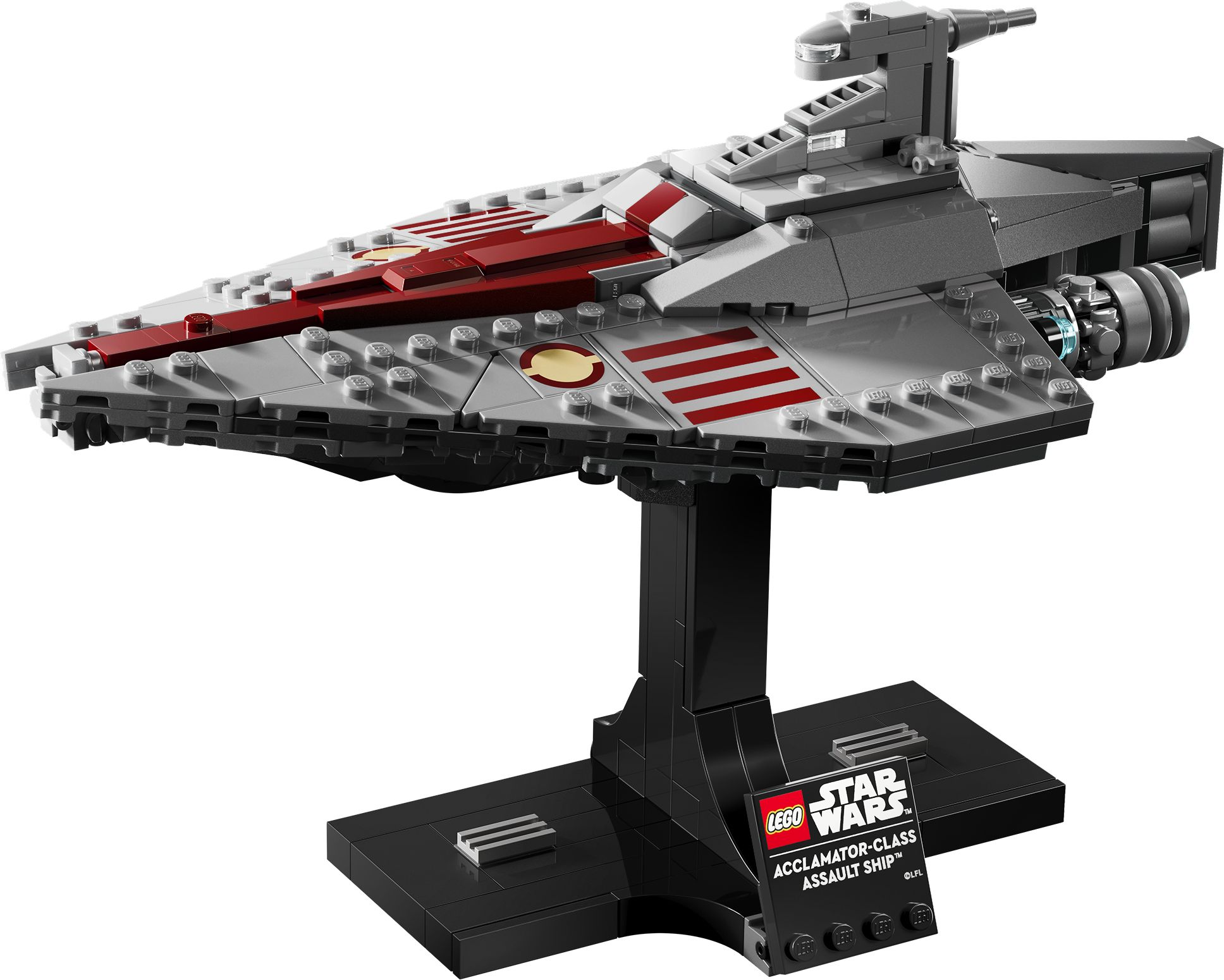 Graues Lego Star Wars Acclamator-Klasse Angriffsschiff auf schwarzem Ständer.