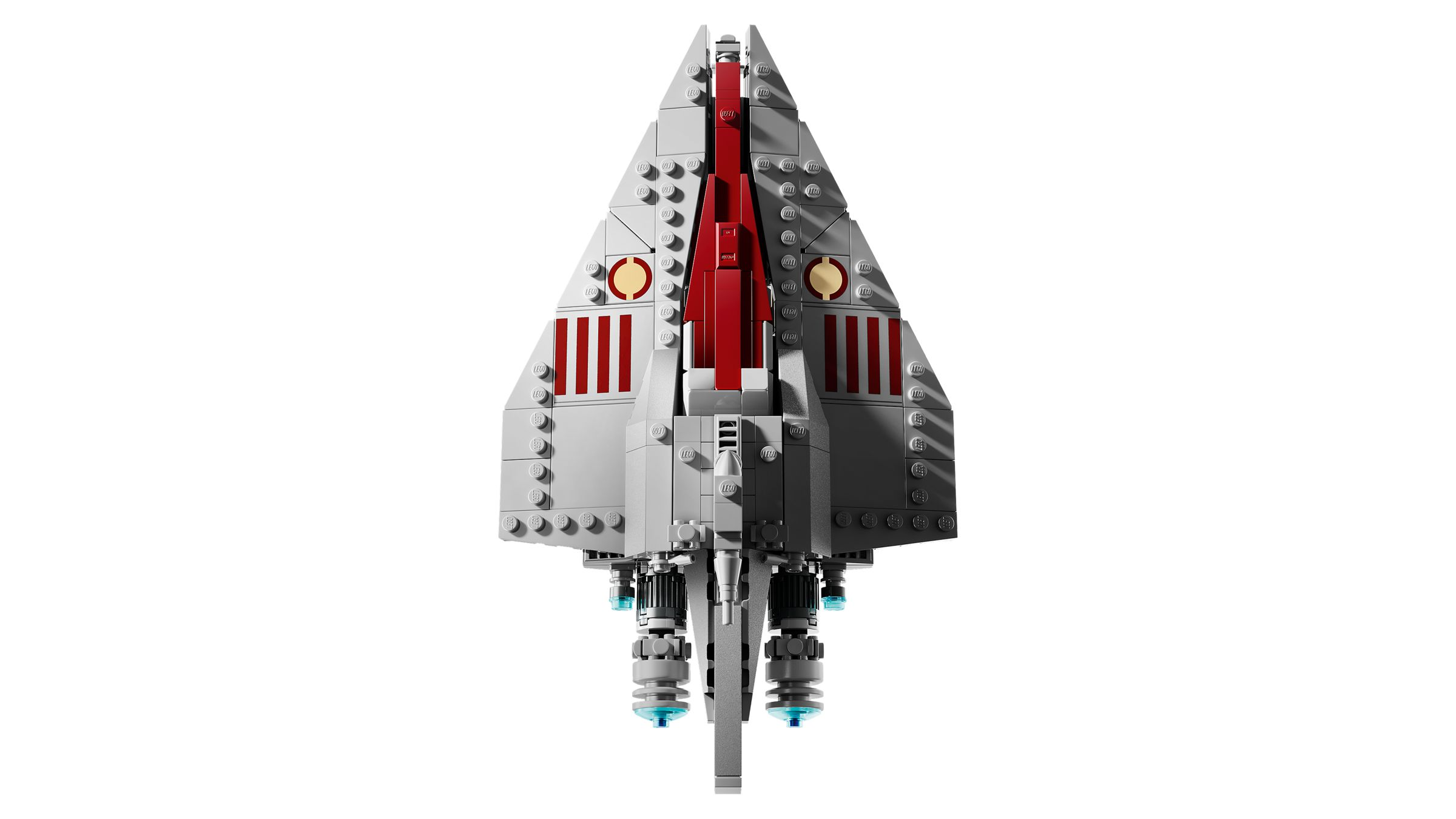 Graues Lego Raumschiff mit roter Spitze und blauen Triebwerken.