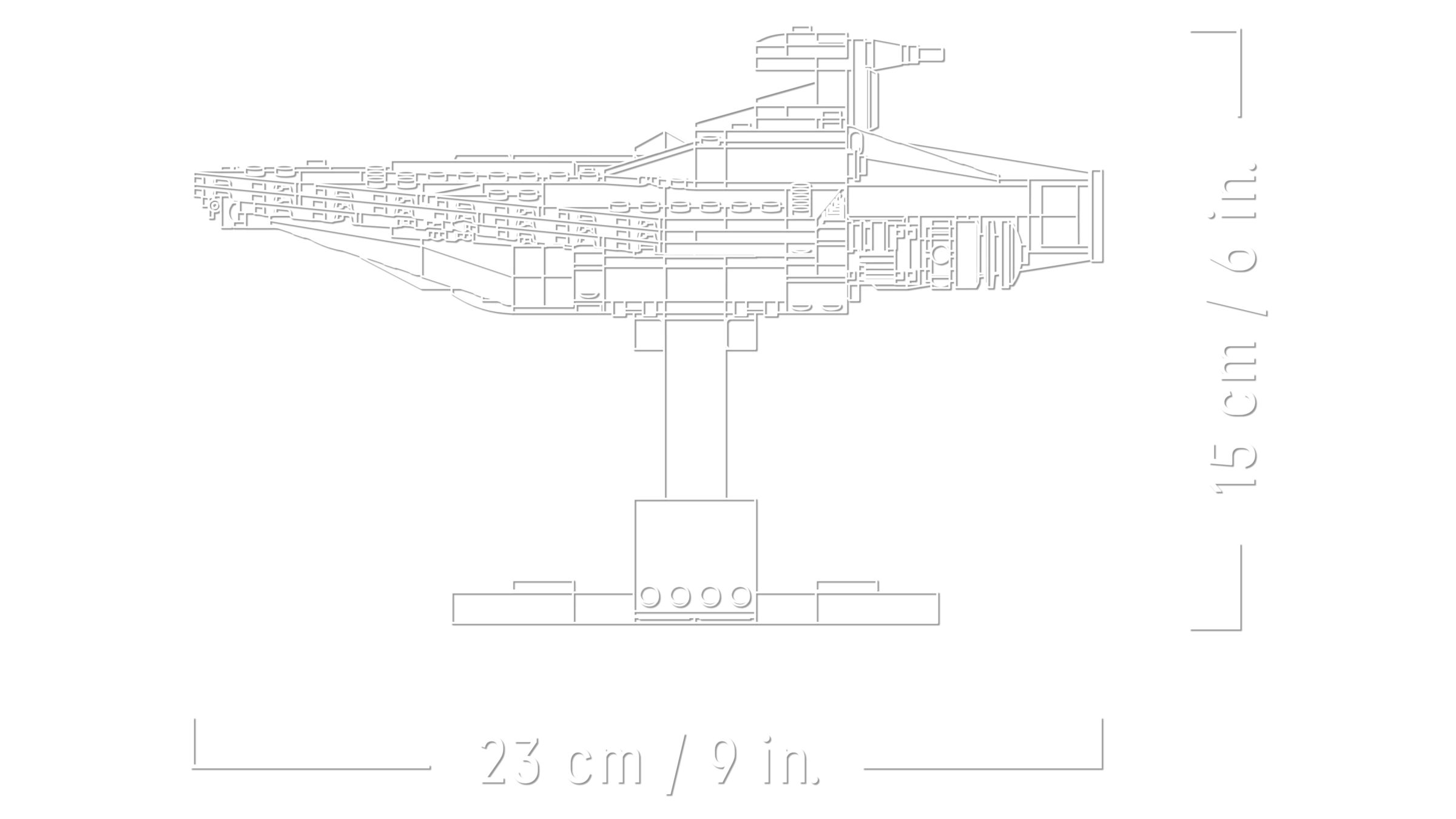 Linienzeichnung eines Sternenzerstörers mit Maßangaben von 23 cm und 15 cm.
