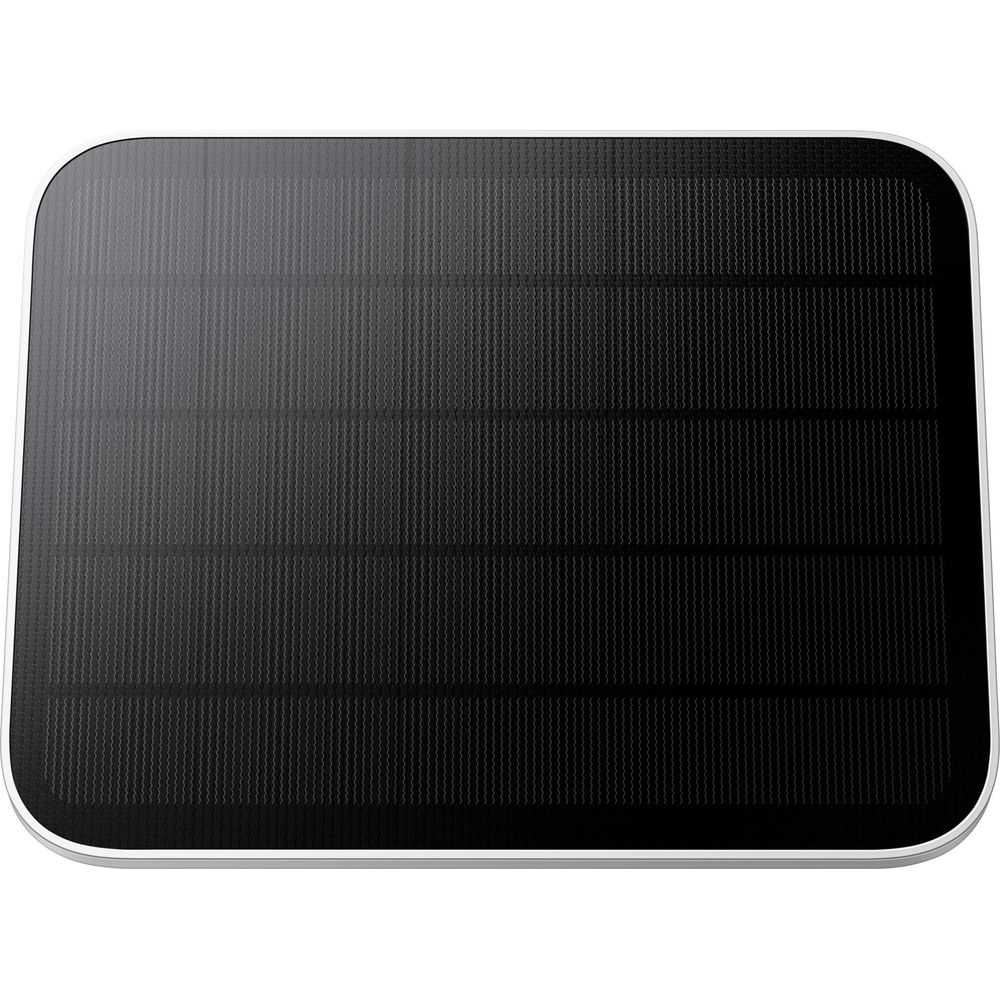 Un panel solar negro con marco blanco y esquinas redondeadas.