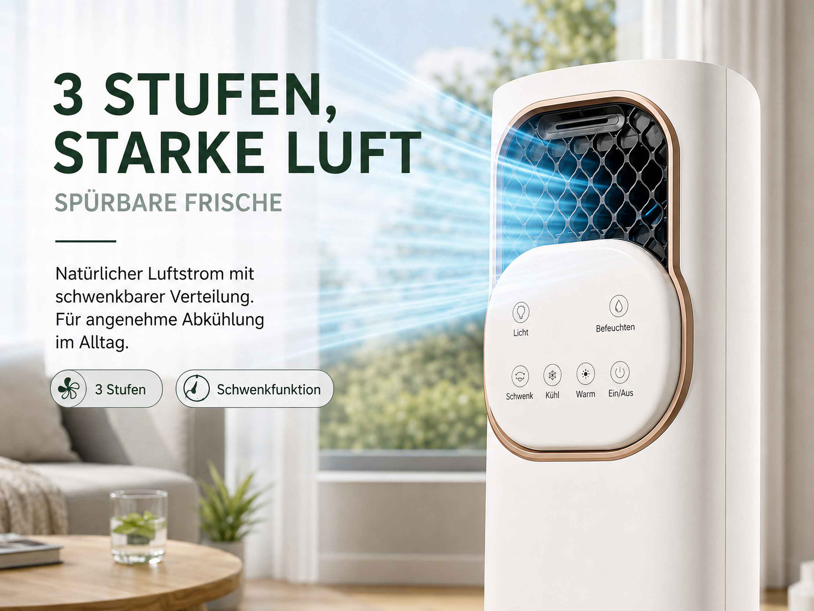Ein weißer Turmventilator mit Lüftersymbolen und Text auf Deutsch.