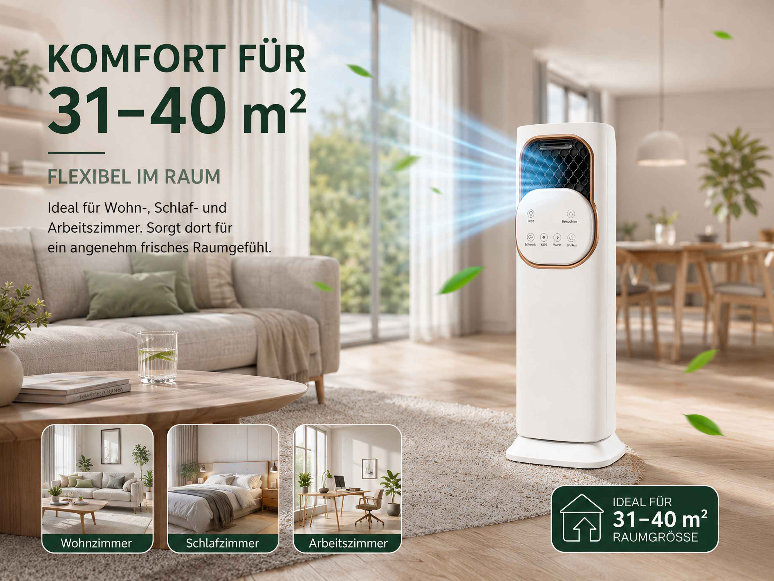Ein weißer Luftreiniger steht in einem modern eingerichteten Wohnzimmer.