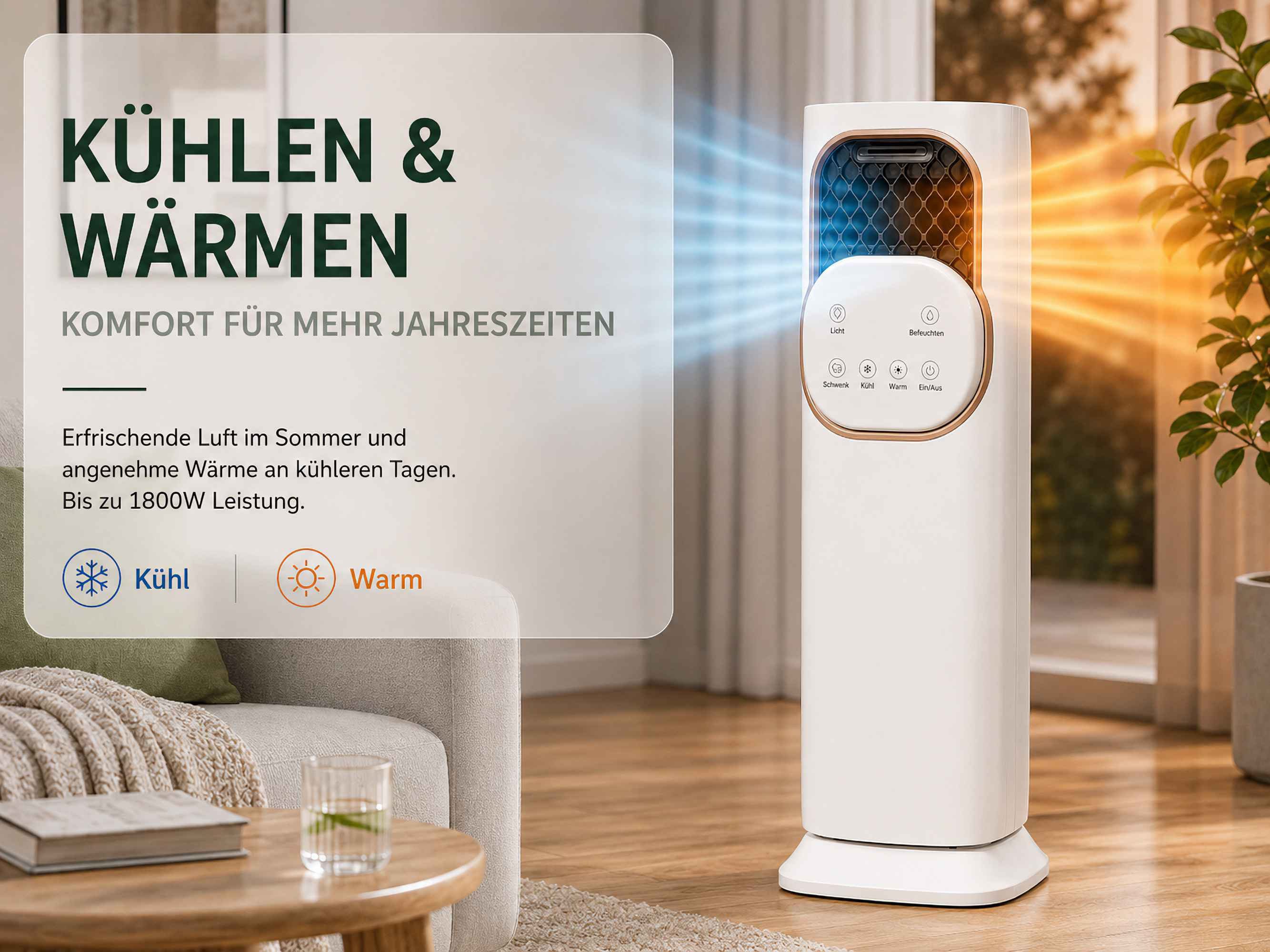 Ein weißer Heizlüfter mit Kühl- und Heizfunktion steht in einem Wohnzimmer.