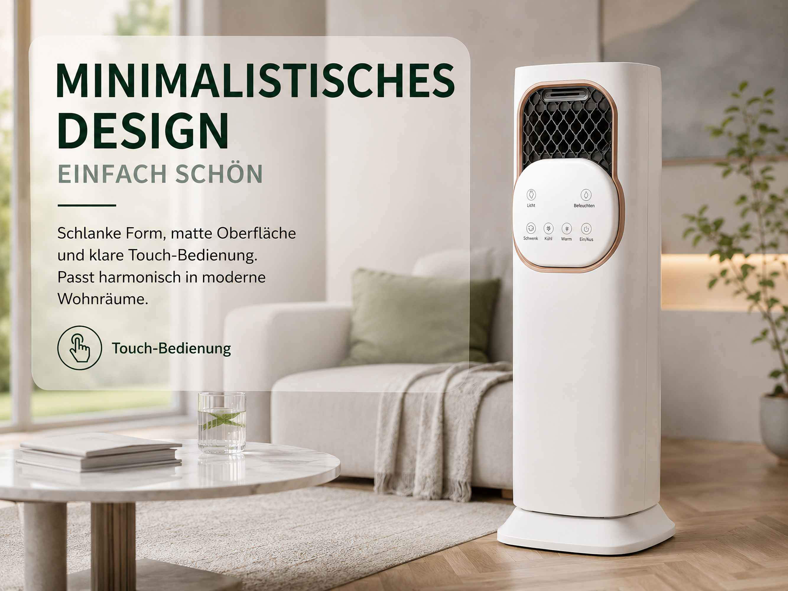 Moderner weißer Turmlüfter mit Touch-Bedienfeld auf einem Holzboden.