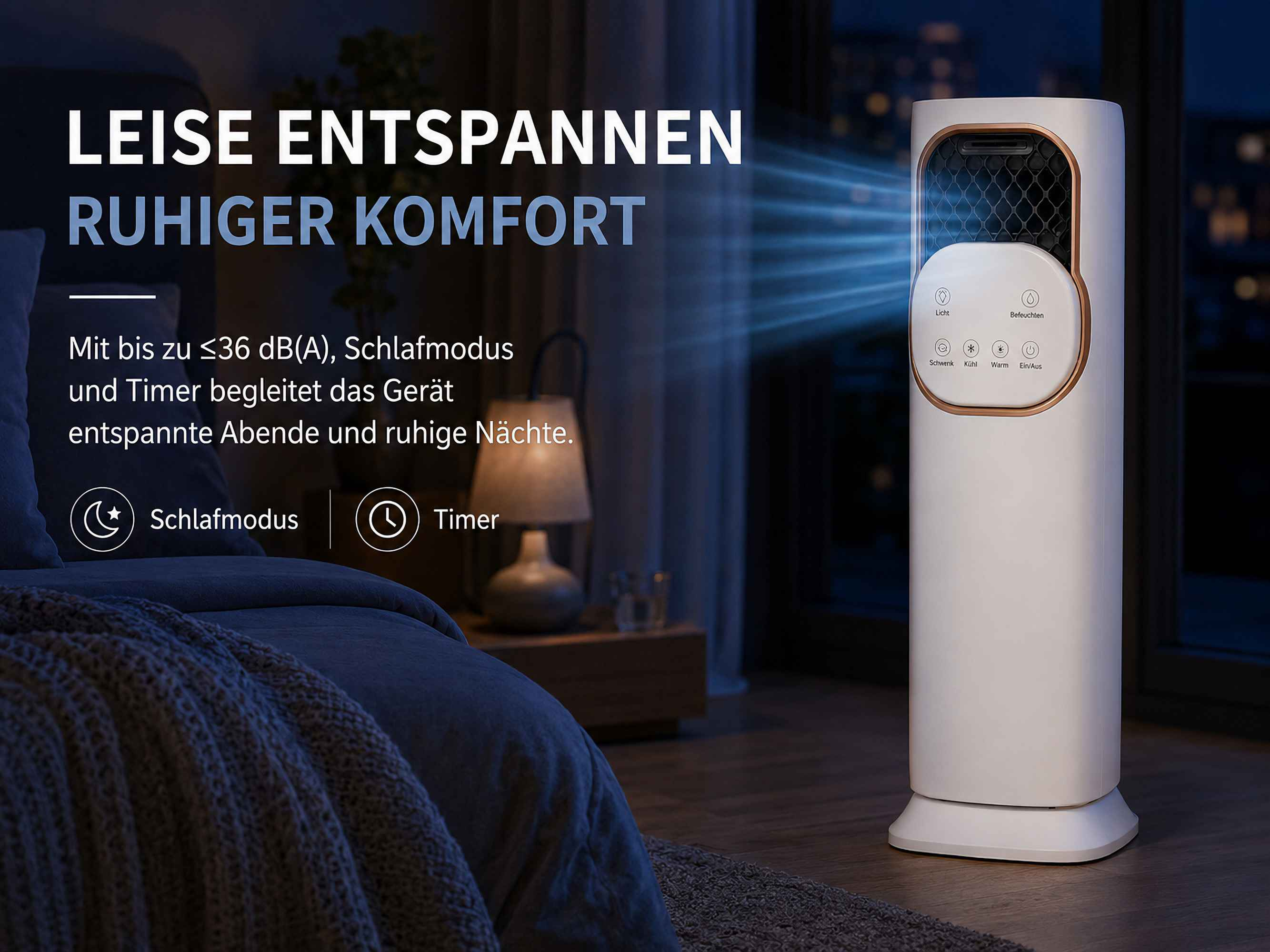 Ein weißer Turmlüfter steht neben einem Bett in einem dunklen Raum.