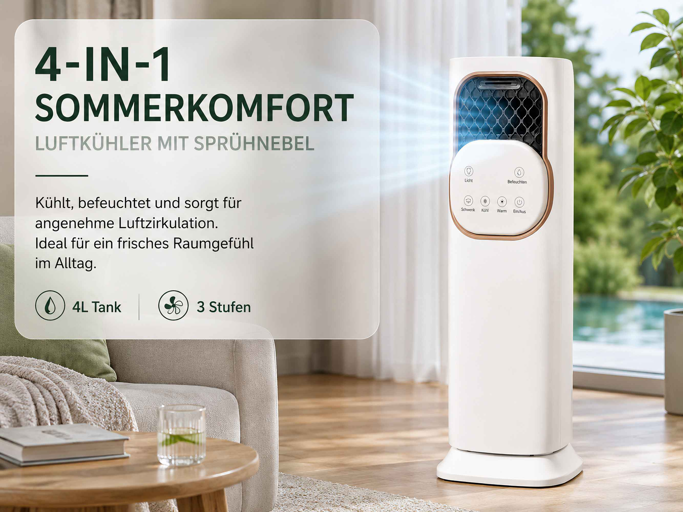 Ein weißer 4-in-1 Luftkühler mit Sprühnebel steht neben einem Sofa.