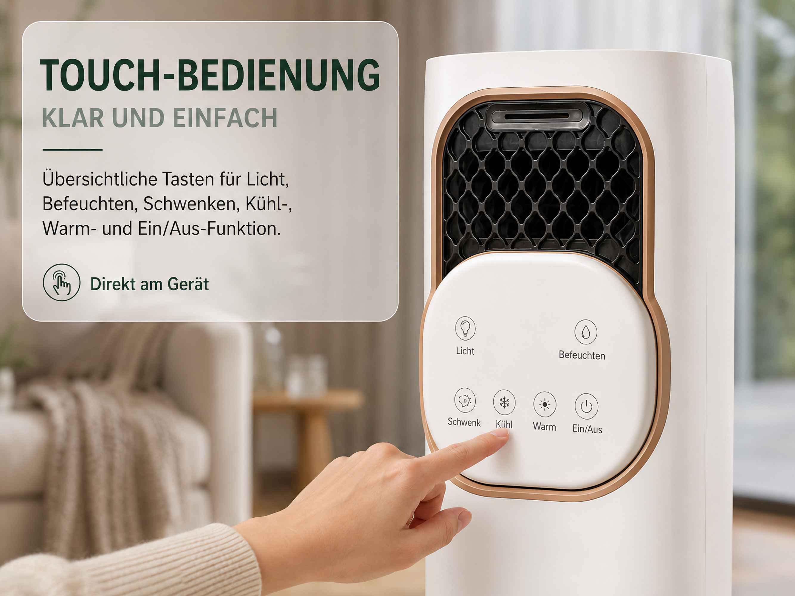 Nahaufnahme einer Hand, die auf das Bedienfeld eines weißen Geräts tippt.