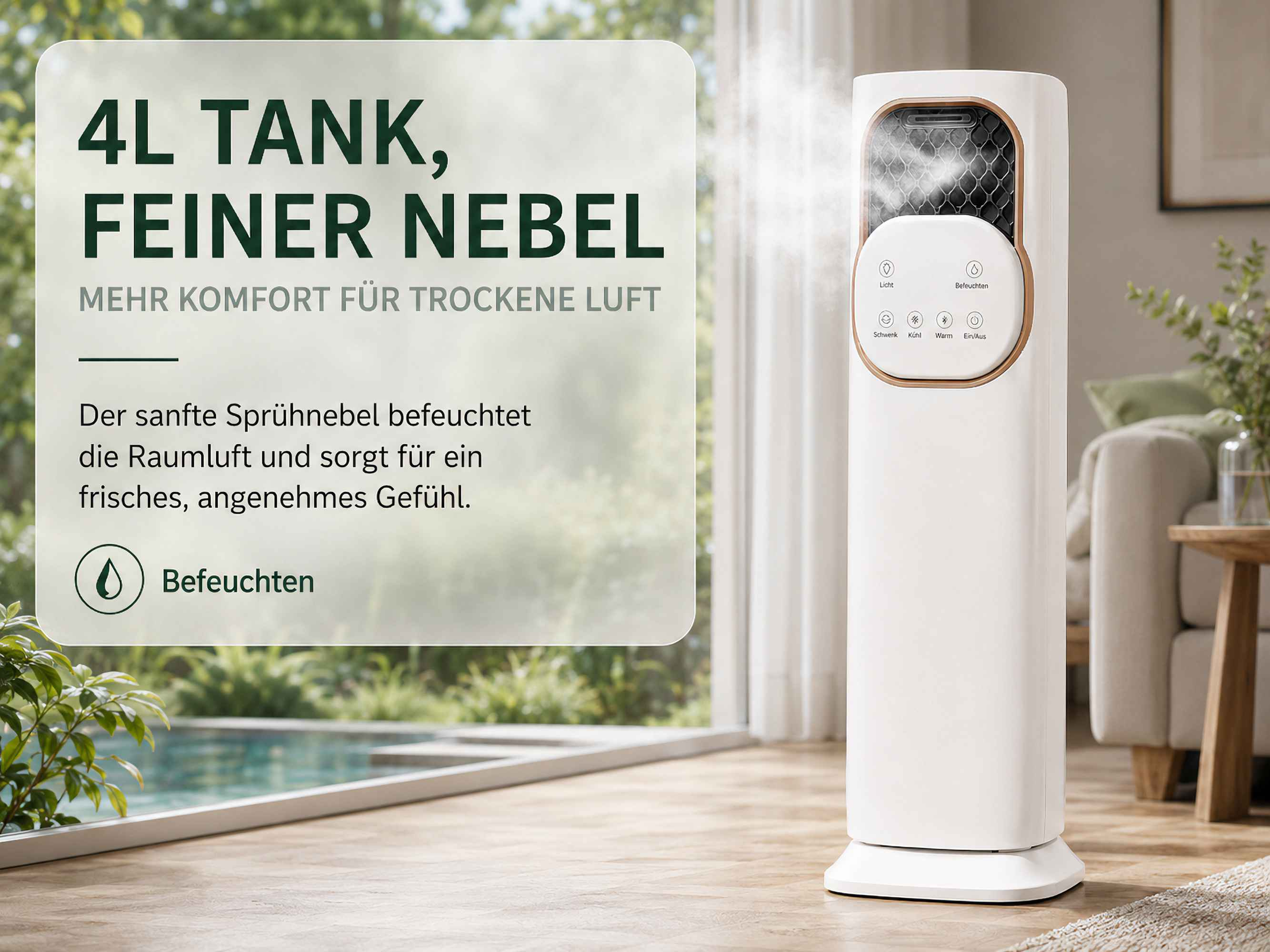 Ein weißer Luftbefeuchter mit feinem Nebel steht neben einem Fenster mit Blick auf einen Pool.