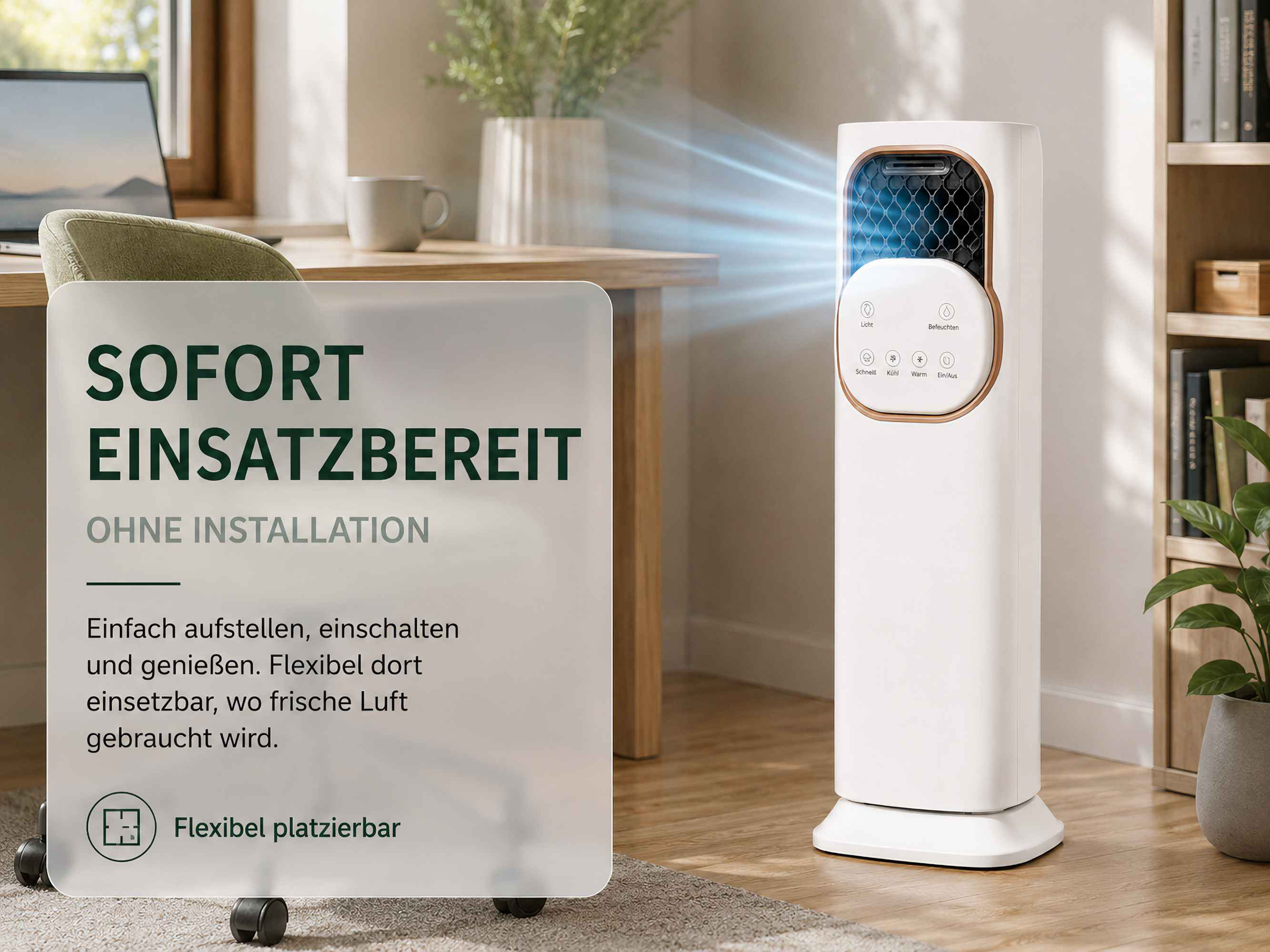 Ein weißer Turmventilator mit blauen Luftstrahlen steht neben einem Schreibtisch.