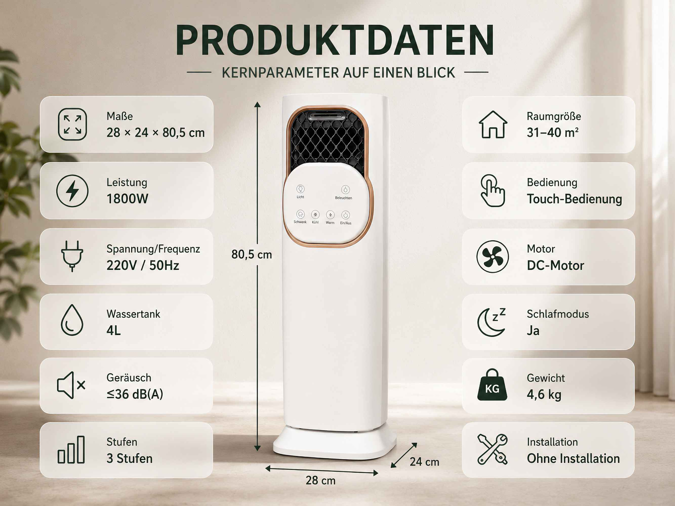 Produktdaten eines weißen Turmkühlers mit technischen Spezifikationen.