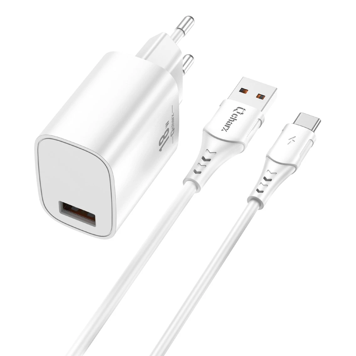 Cargador USB blanco y cable USB-C blanco con logo G-Charz sobre fondo blanco.