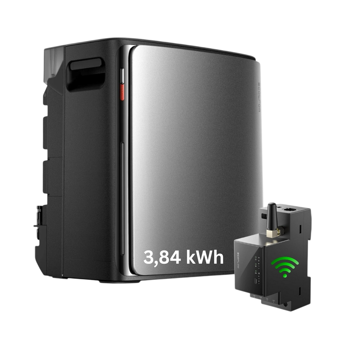 Ein schwarzer Energiespeicher mit 3,84 kWh und einem kleinen Steuermodul.