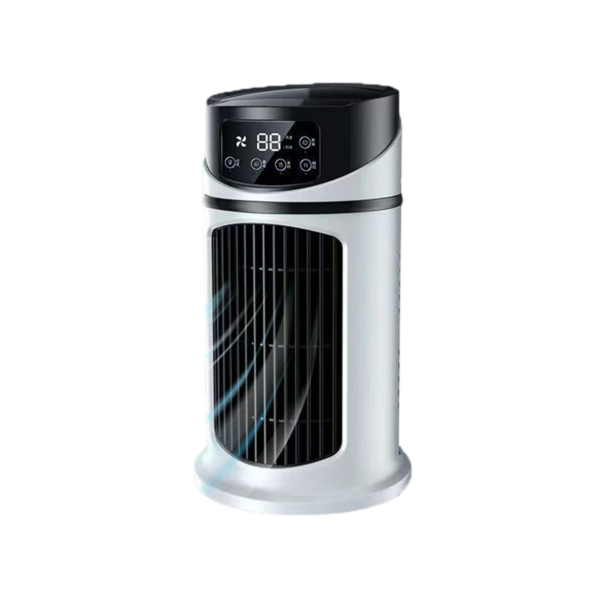 Ein weißer Turmventilator mit schwarzer Oberseite und digitaler Anzeige.