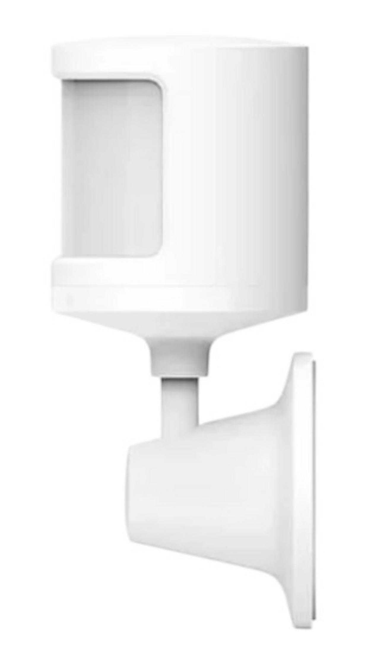 Un sensor de movimiento blanco con soporte de pared sobre fondo blanco.