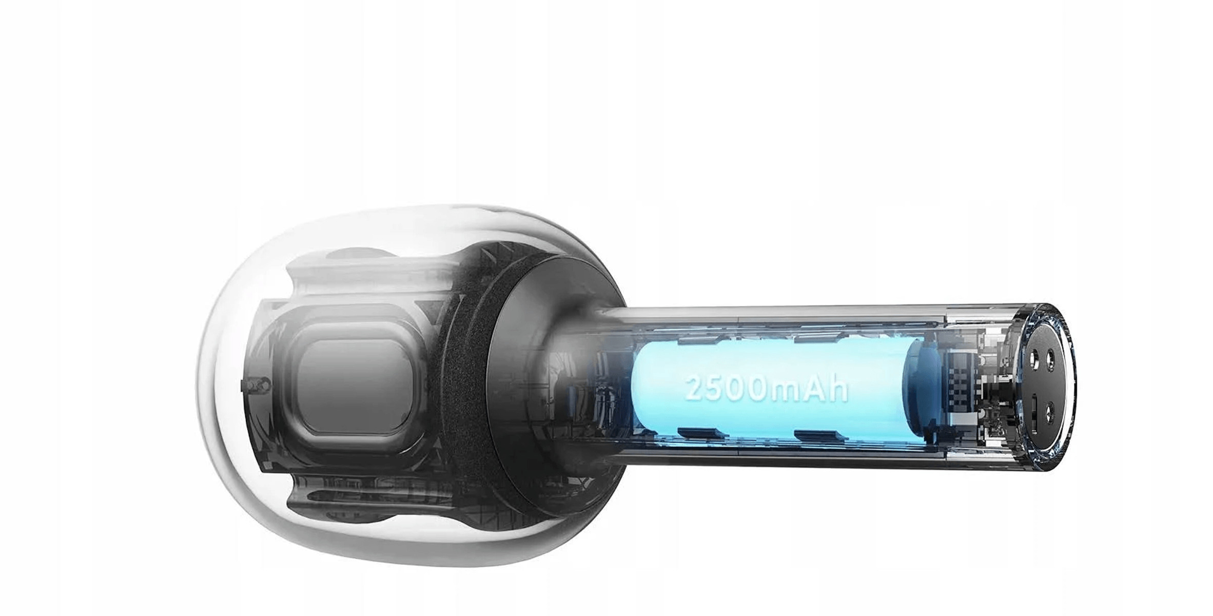 Auricular transparente que muestra una batería azul brillante de 2500mAh.