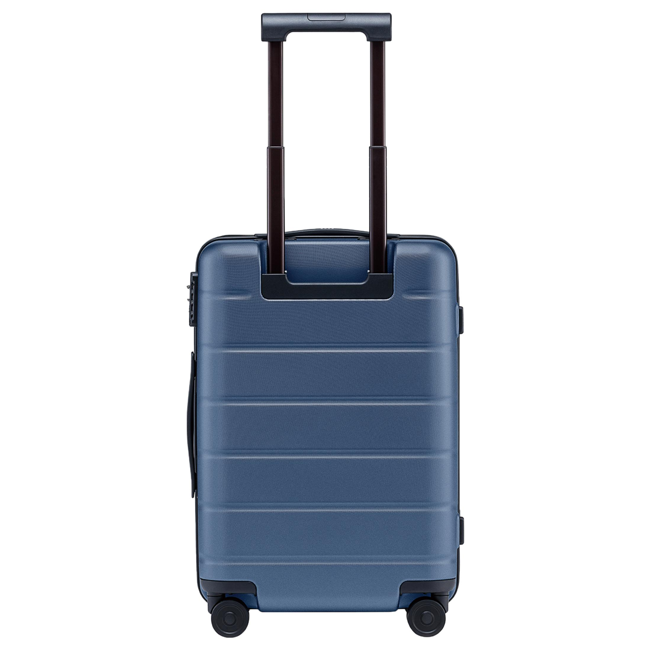 Una maleta azul con ruedas y asa retráctil.