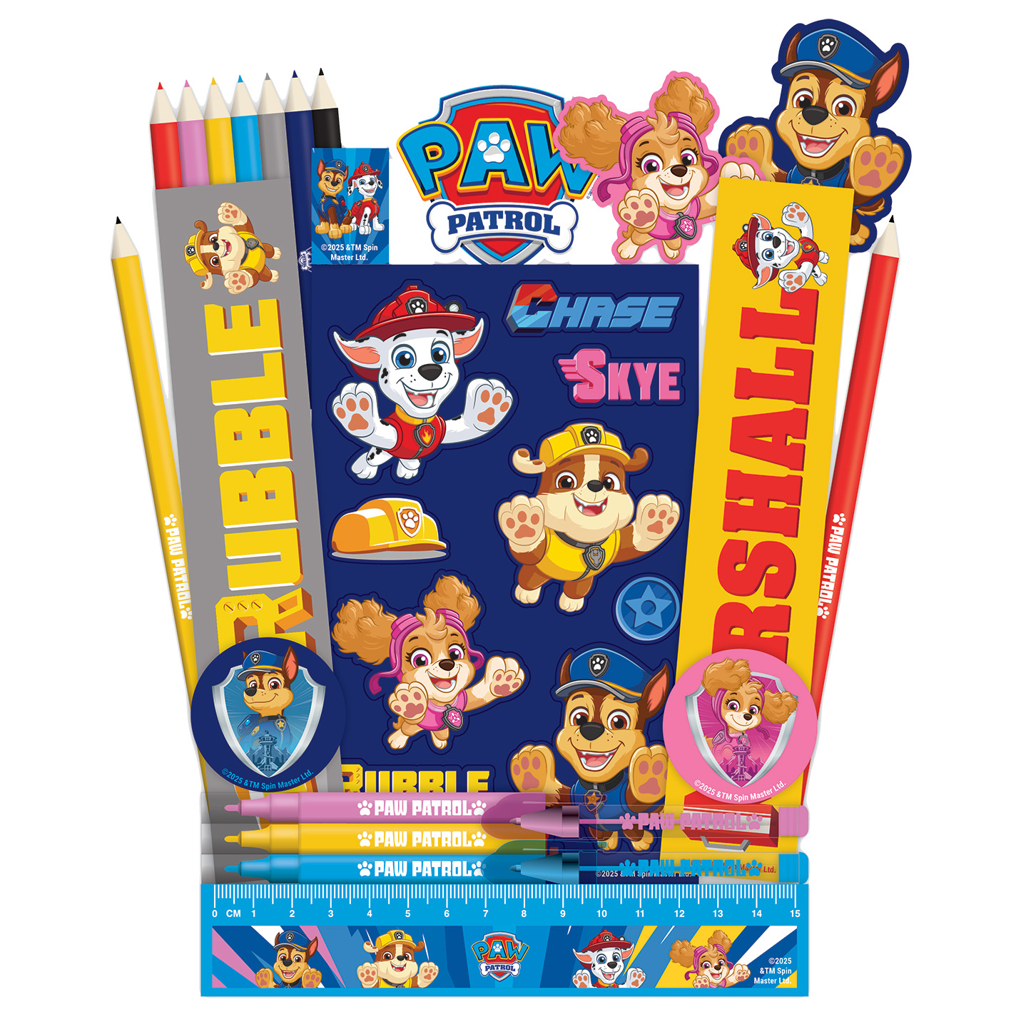 Paw Patrol Schreibwaren: Bleistifte, Lineal, Aufkleber von Chase, Marshall, Rubble, Skye.