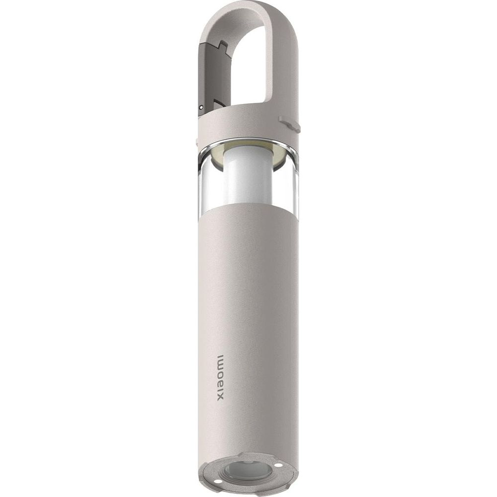 Un elegante dispositivo Xiaomi gris con sección central transparente y asa colgante.
