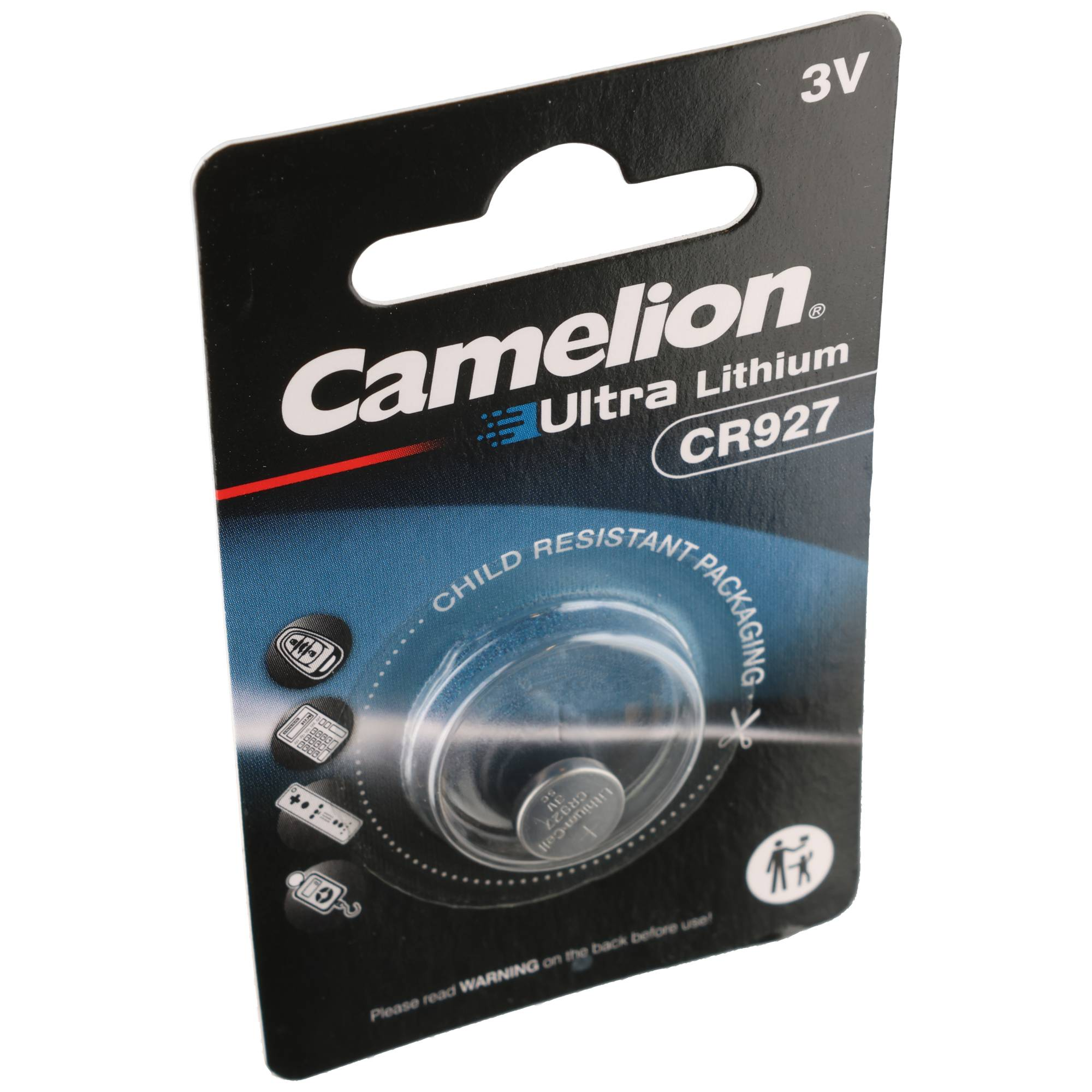 Camelion CR927 Ultra Lithium Batterie in Blisterverpackung mit Warnhinweisen.