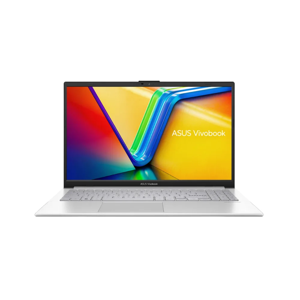 Ekranında renkli duvar kağıdı olan gümüş rengi Asus Vivobook dizüstü bilgisayar.