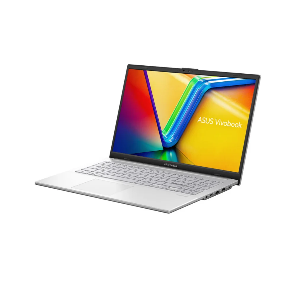Ekranında renkli duvar kağıdı bulunan gümüş rengi ASUS Vivobook dizüstü bilgisayar.