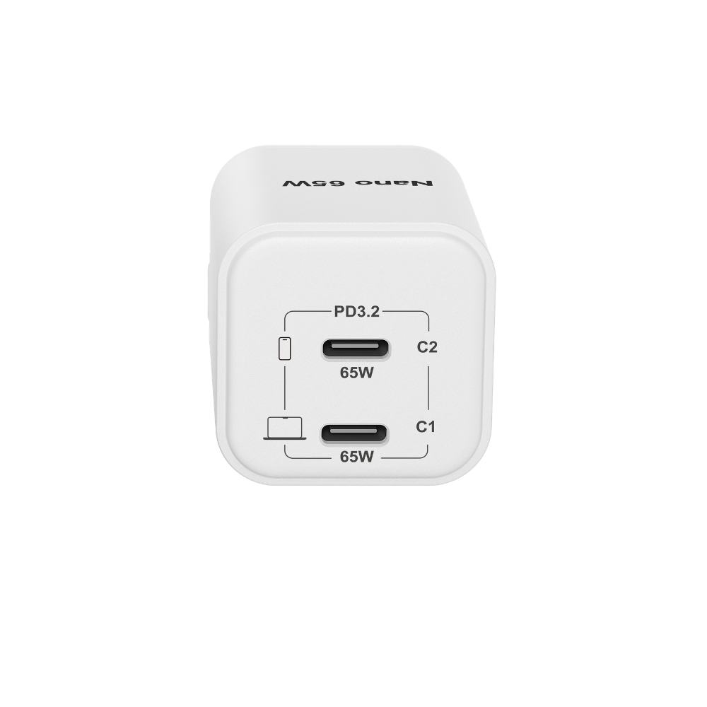 Ein weißer 65W USB-C-Ladegerät mit zwei Anschlüssen und PD3.2-Unterstützung.