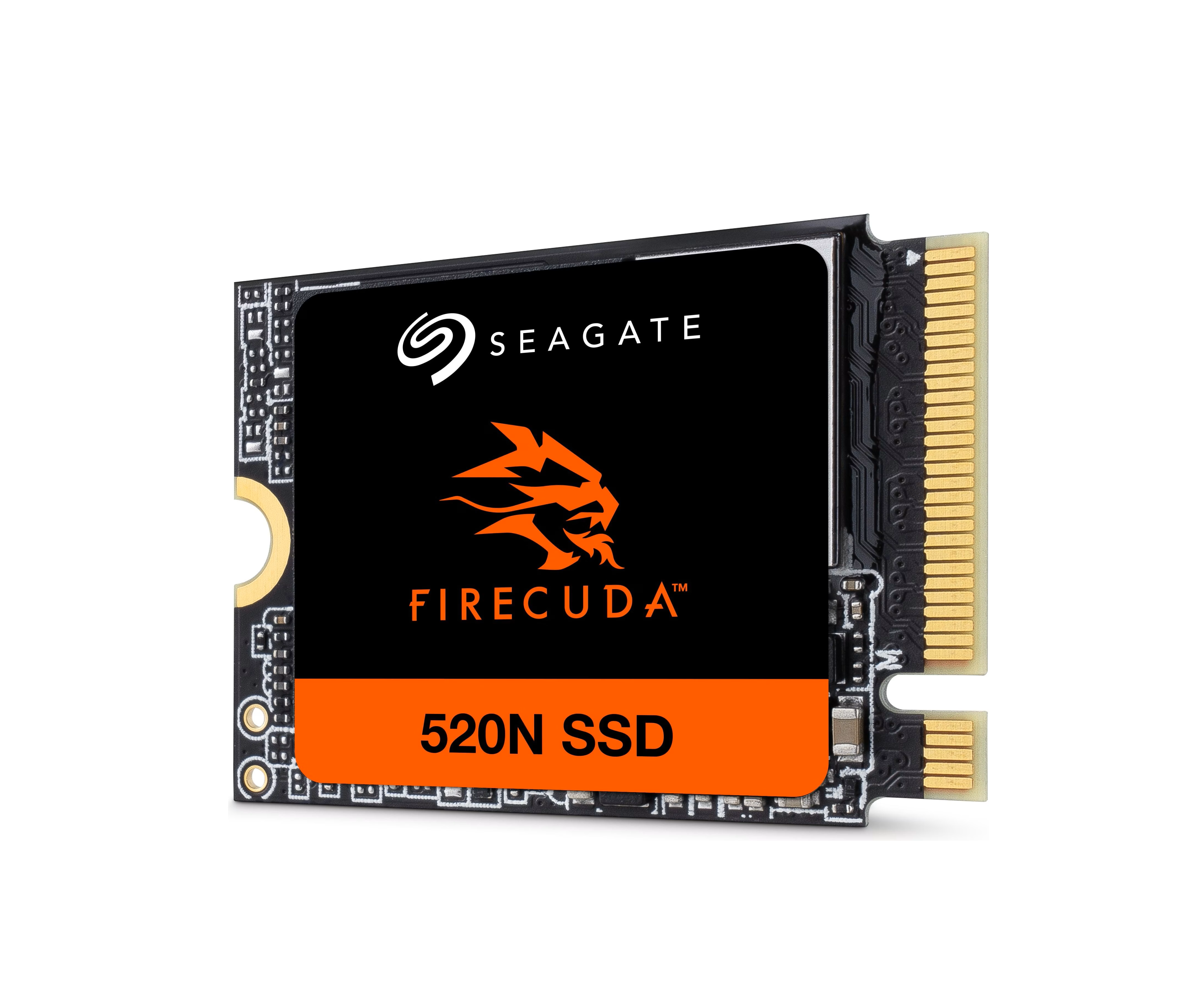 Seagate FireCuda 520N SSD mit orangefarbenem Löwenkopf-Logo und goldenem Anschluss.