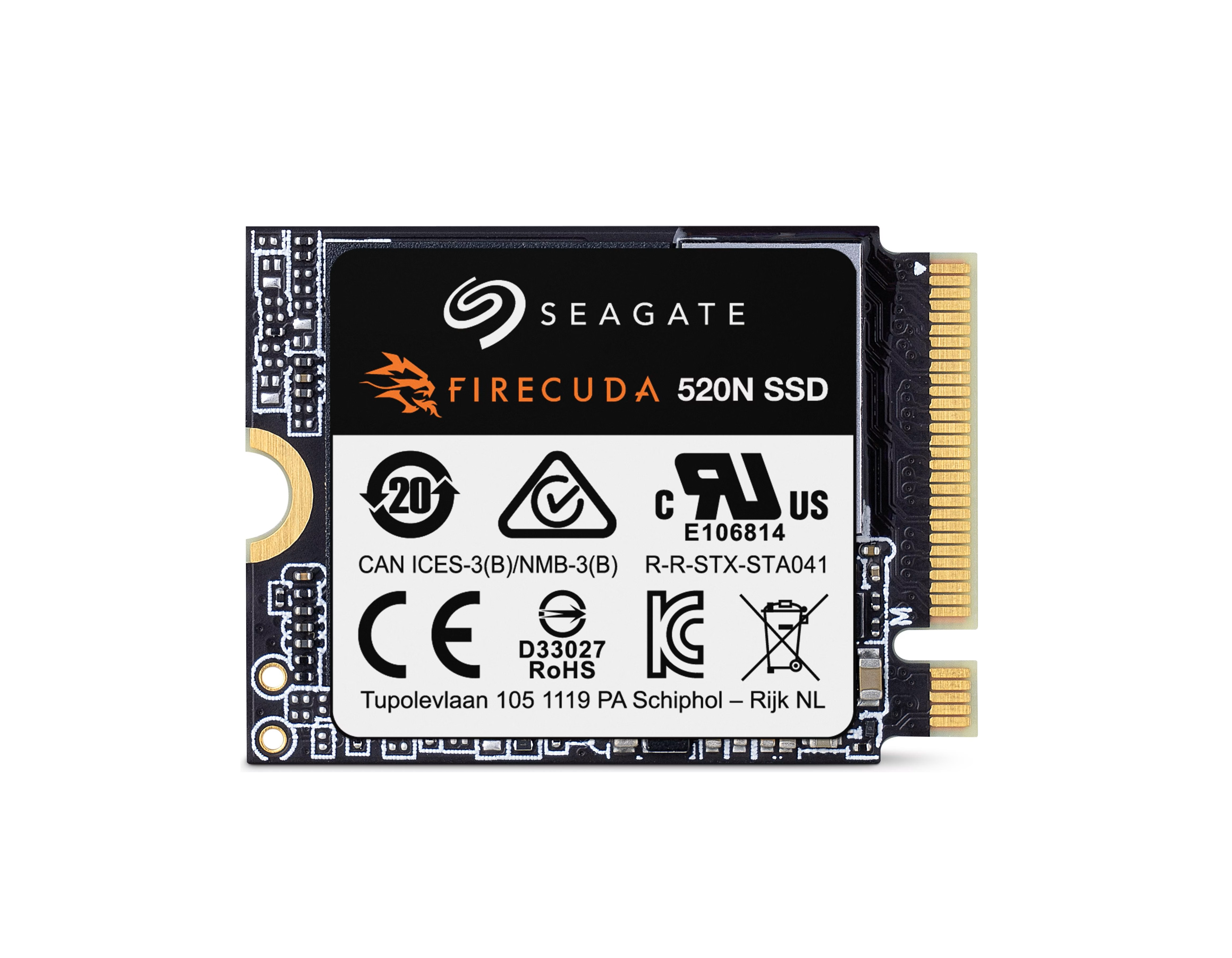 Eine Seagate FireCuda 520N SSD mit goldenen Kontakten auf weißem Hintergrund.