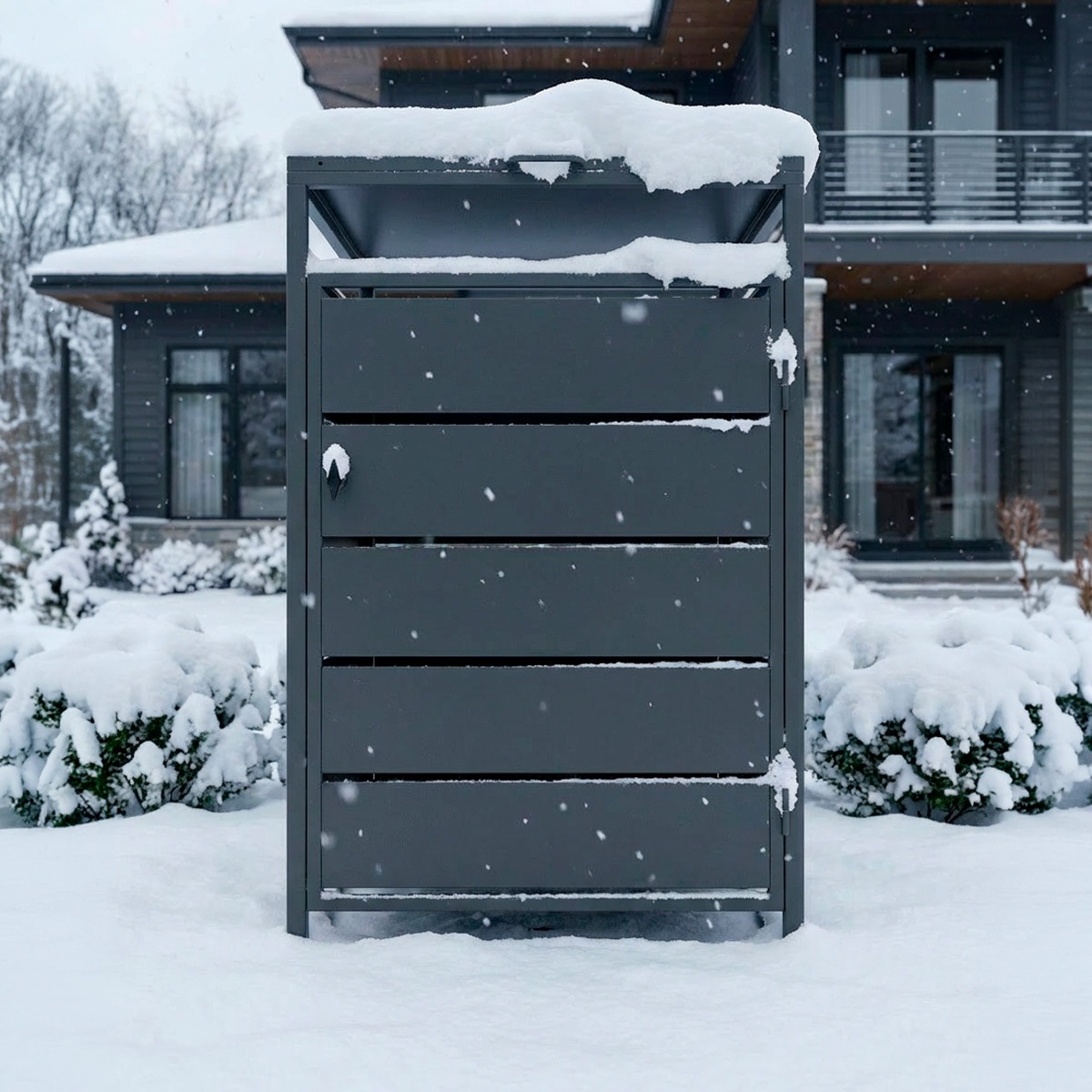 Grauer Müllbehälter im Schnee vor einem modernen Haus mit Bäumen.