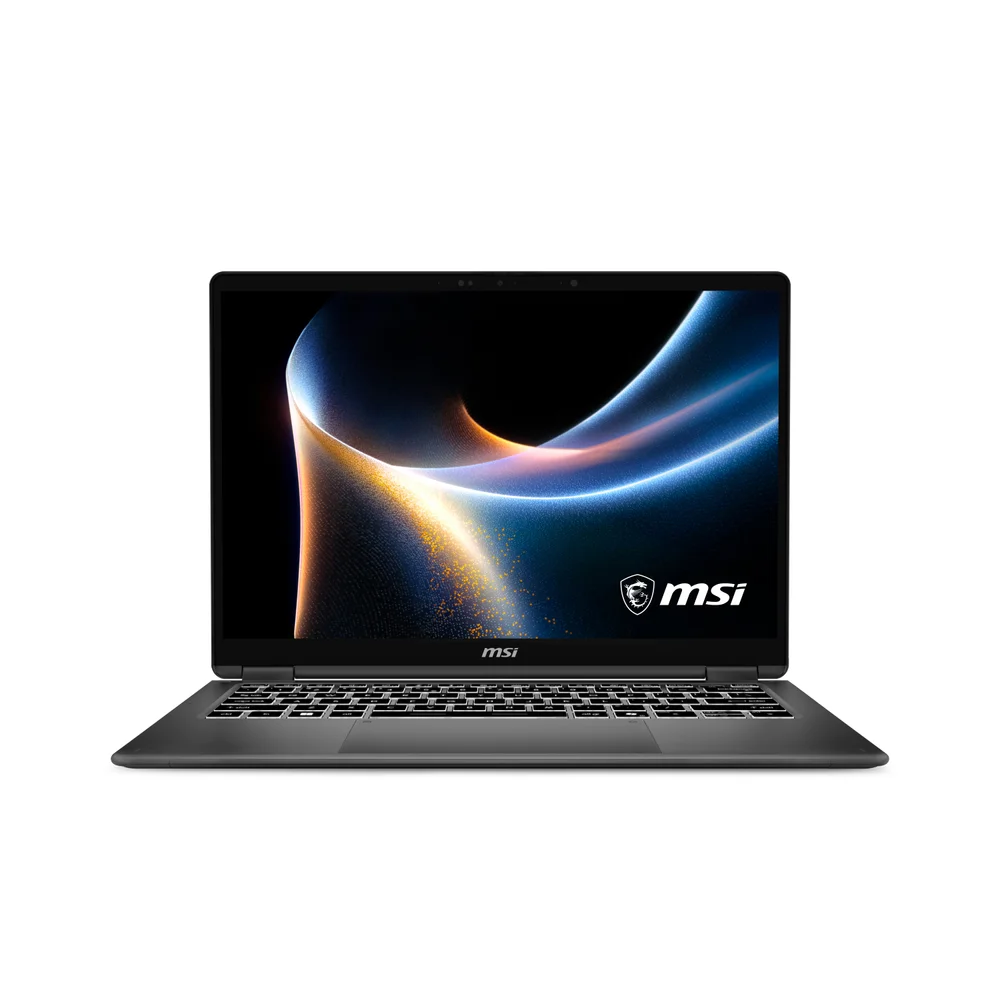 Kapalı bir MSI dizüstü bilgisayar, ekranında soyut, akıcı bir arka plan.