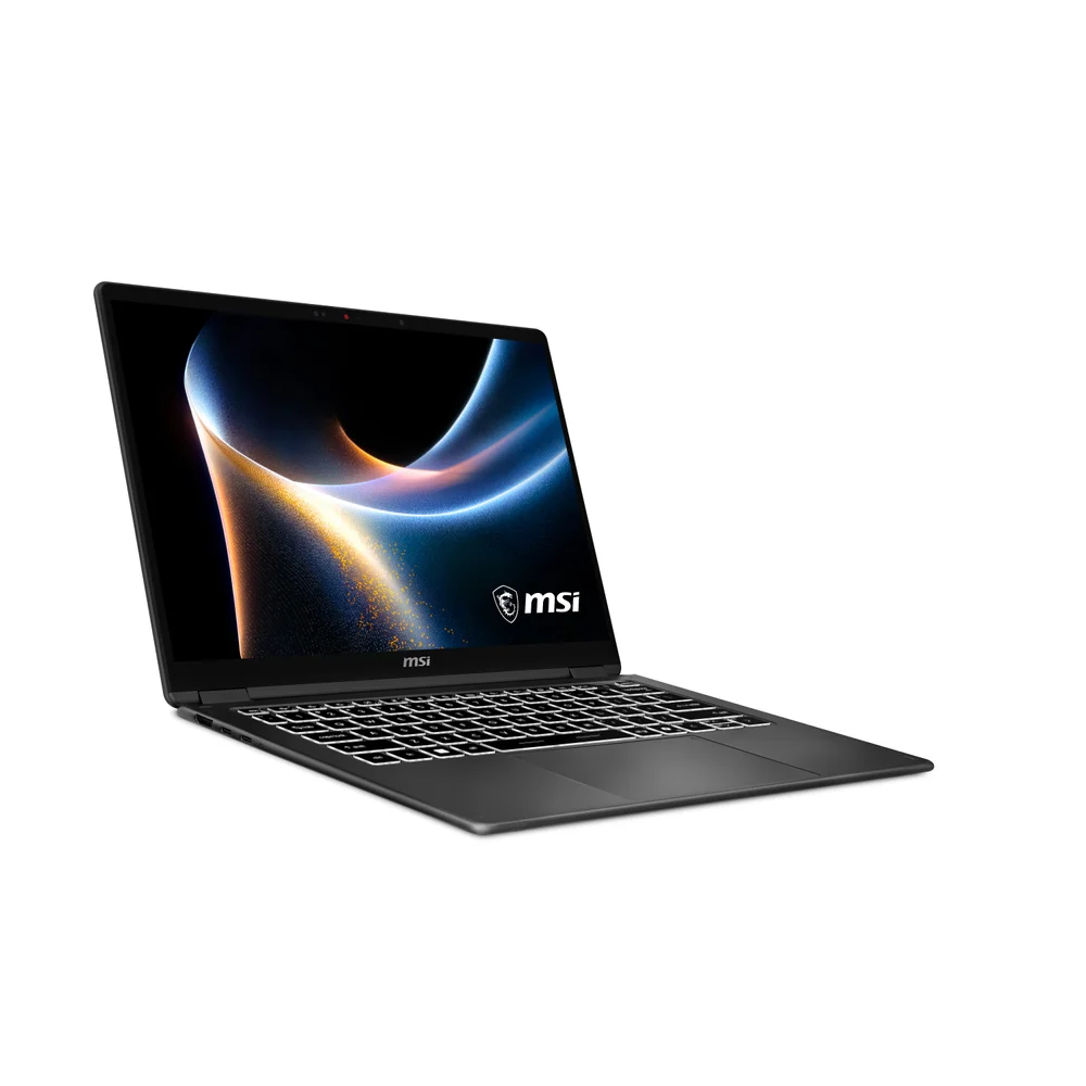 Açık siyah bir MSI dizüstü bilgisayar, ekranında soyut, renkli bir duvar kağıdı gösteriyor.