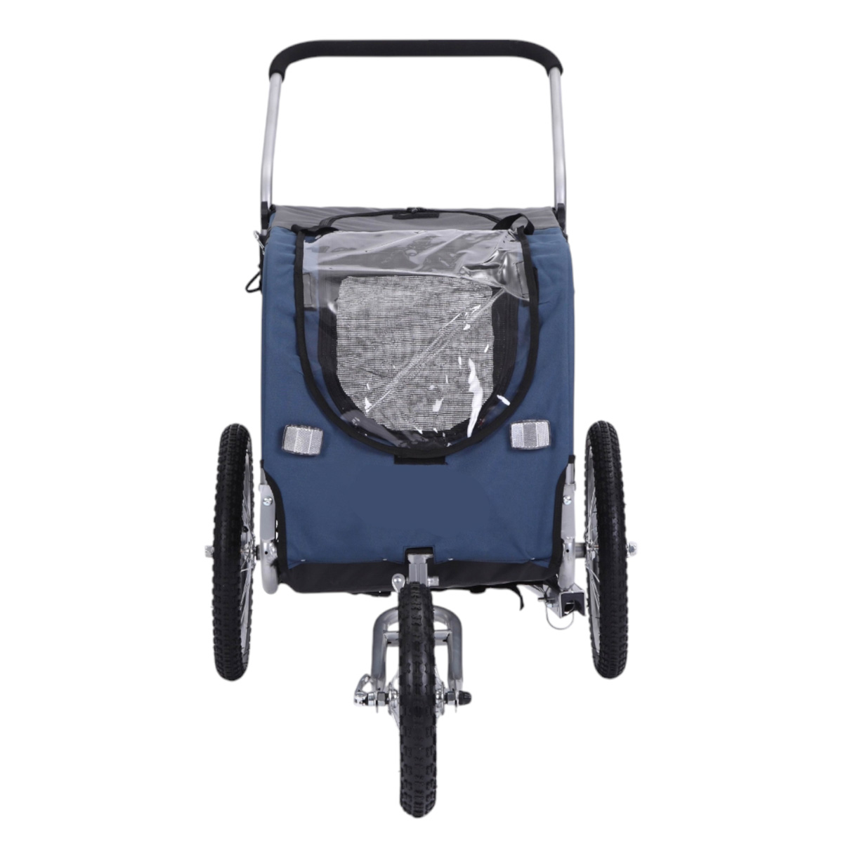 Ein blauer Kinderwagen mit drei Rädern und einem durchsichtigen Fenster.