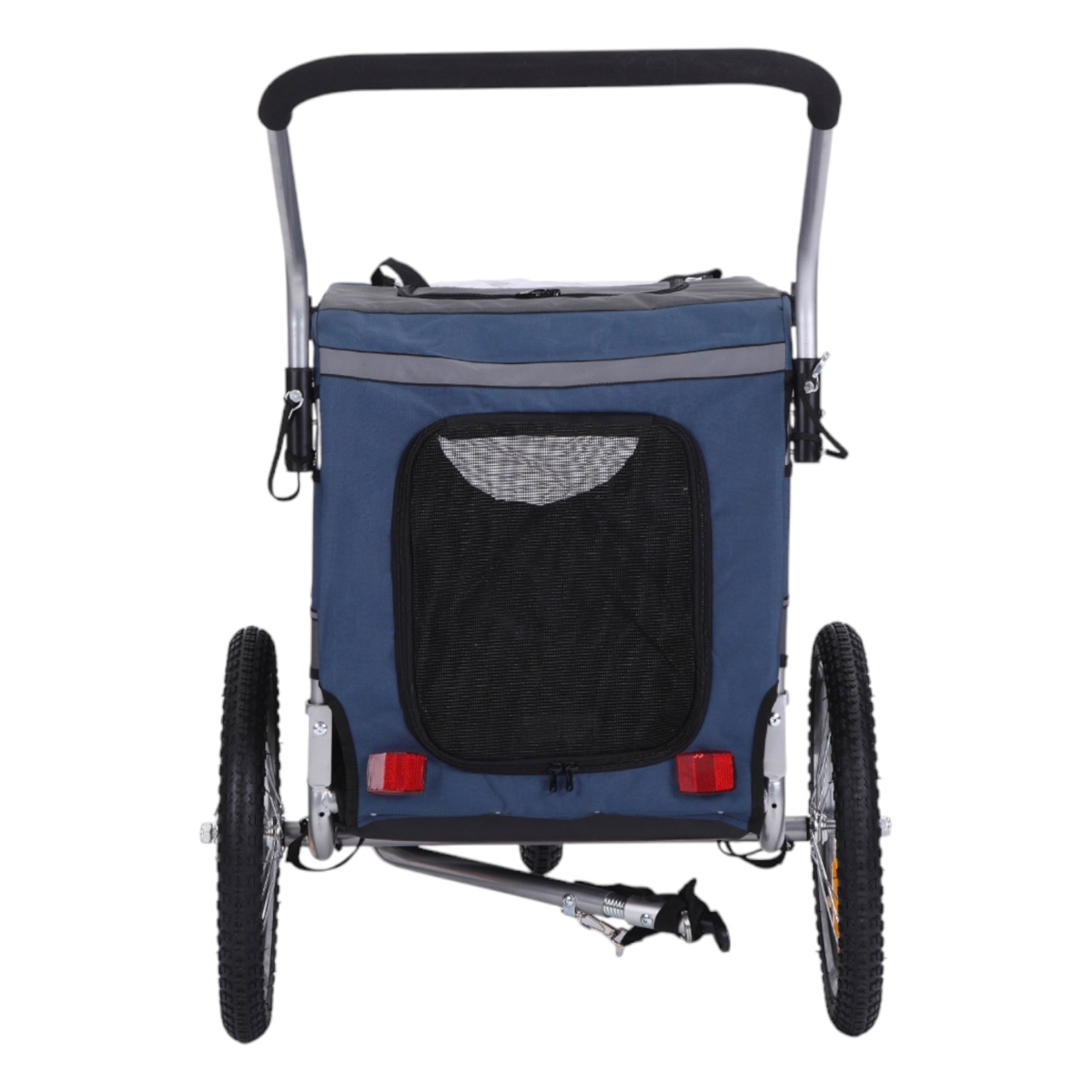 Ein blauer Hundewagen mit Netzfenster, Reflektoren und großen Rädern.
