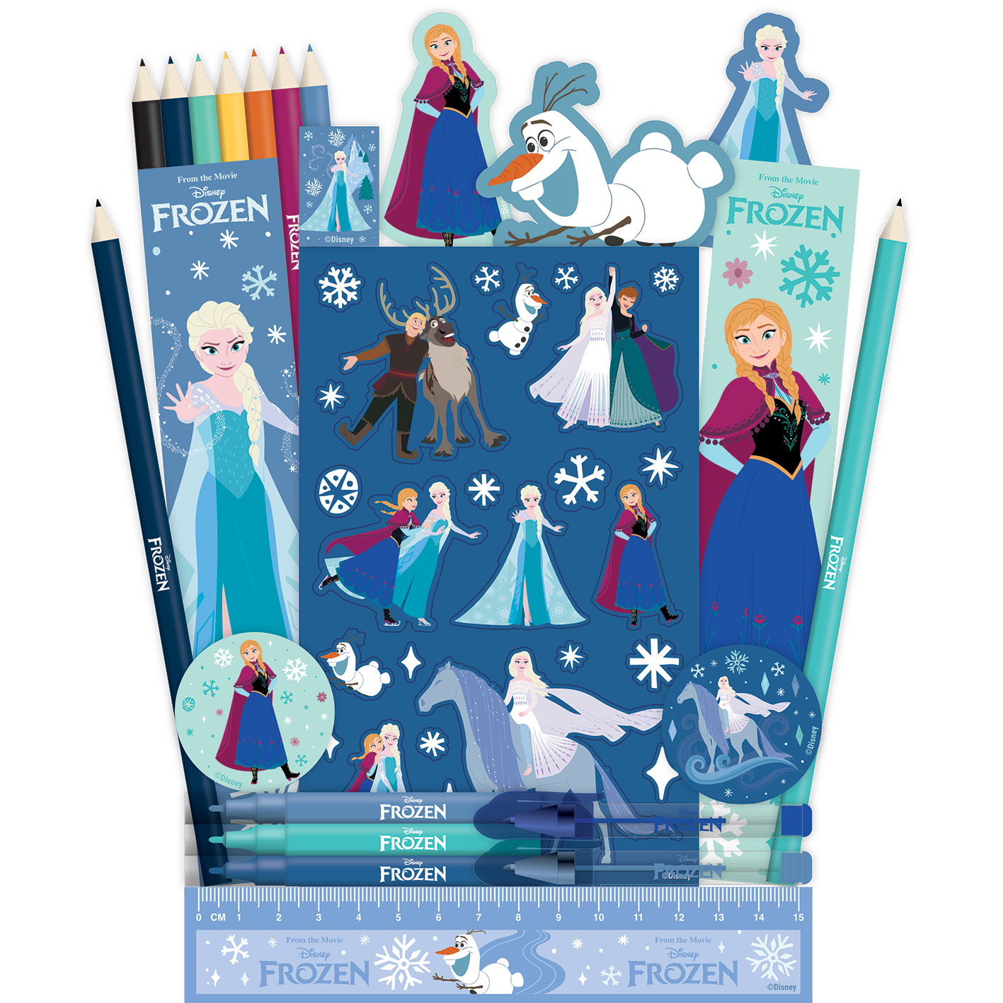 Frozen-Artikel: Stifte, Aufkleber, Lineal mit Elsa, Anna, Olaf und Kristoff.