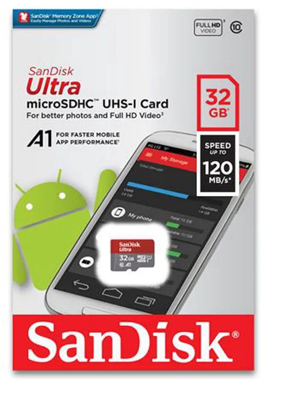SanDisk Ultra 32GB microSDHC kart, akıllı telefon ve Android figürü.