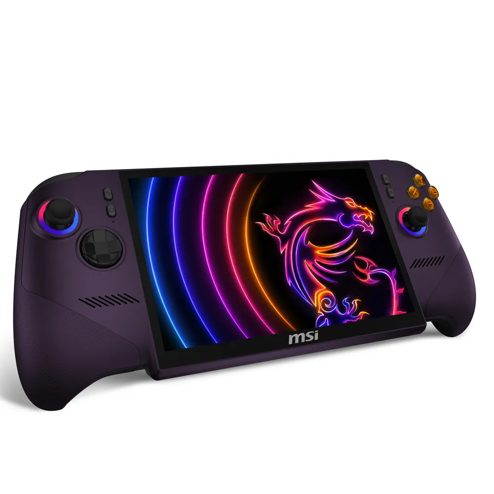 Ejderha ekranlı ve RGB aydınlatmalı mor el konsolu.
