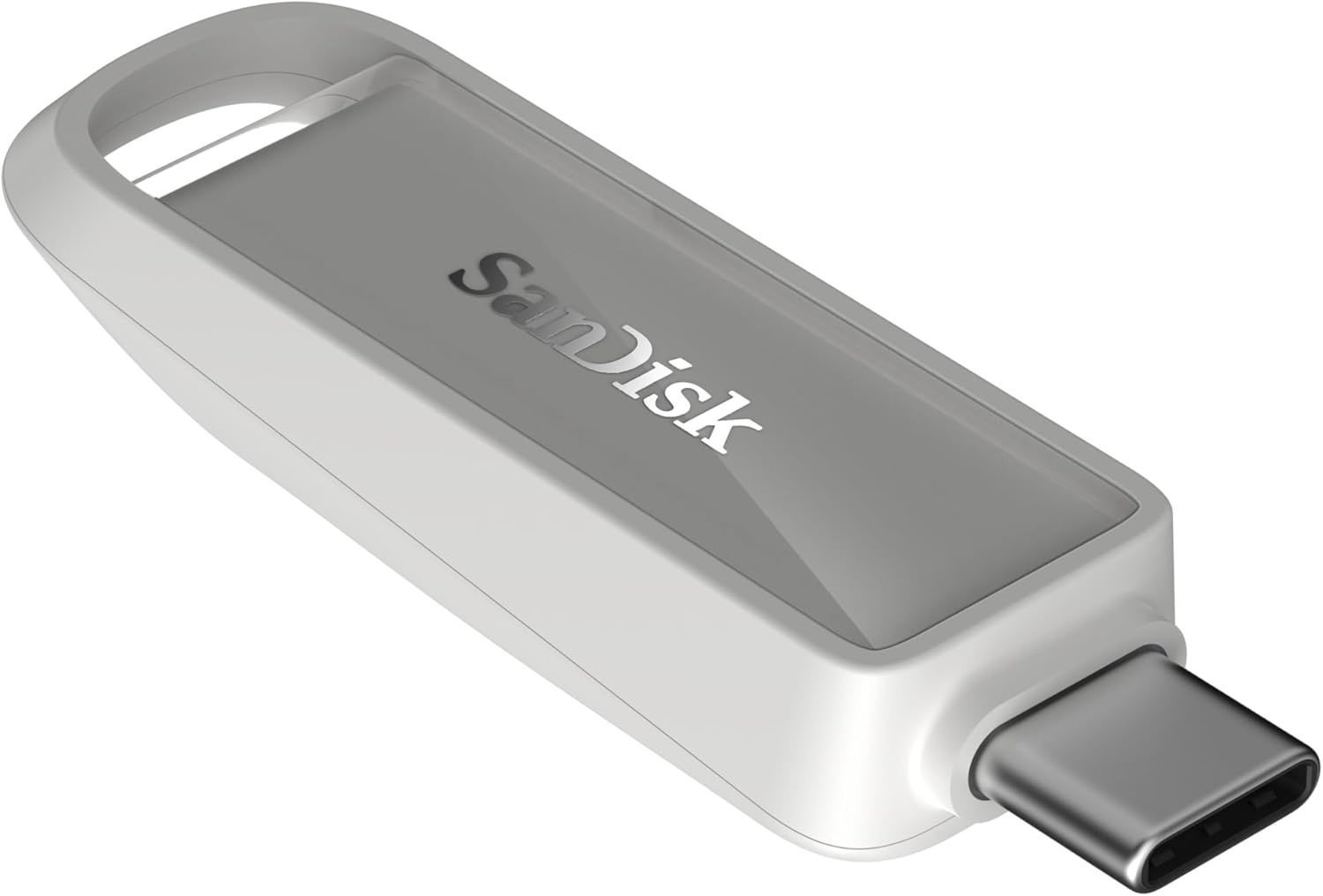 Una chiavetta USB-C SanDisk bianca con parte superiore argentata e anello.