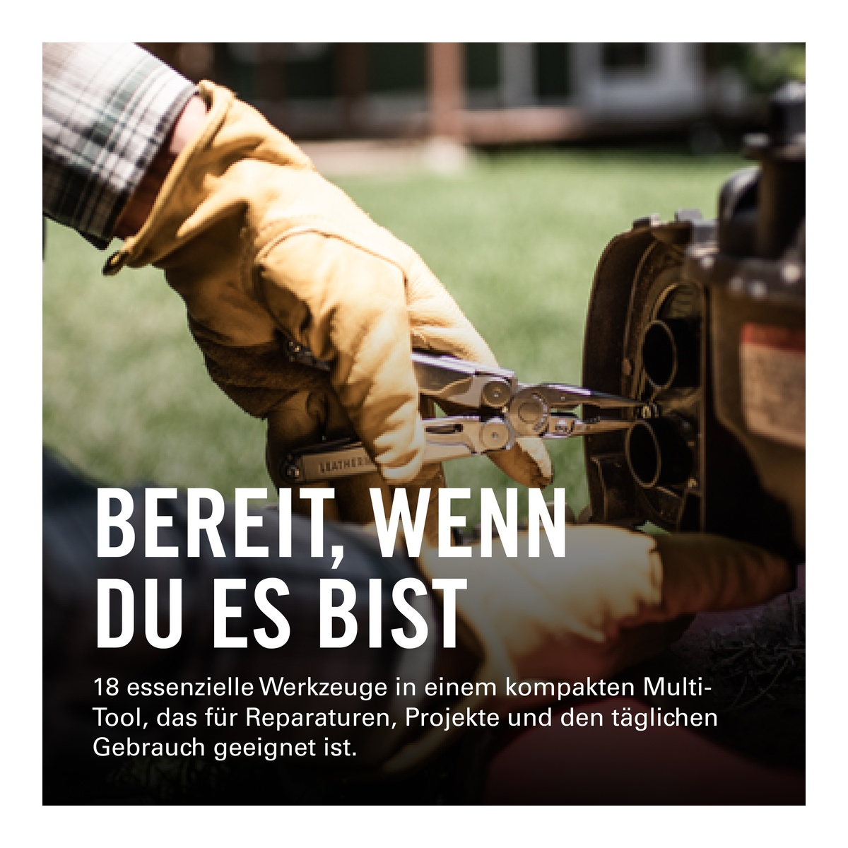 Eine Hand in einem Arbeitshandschuh benutzt ein Multitool an einem Gerät.