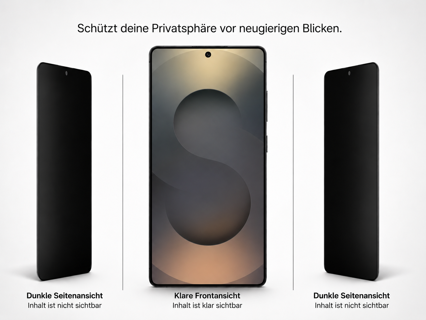Drei Ansichten eines Smartphones: vorne mit sichtbarem Inhalt, seitlich schwarz.