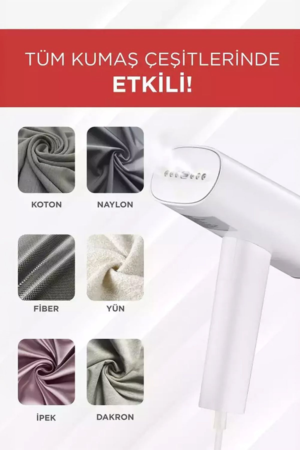 Çeşitli kumaş örnekleri olan bir buharlı ütü: pamuk, naylon, elyaf, yün, ipek, dakron.