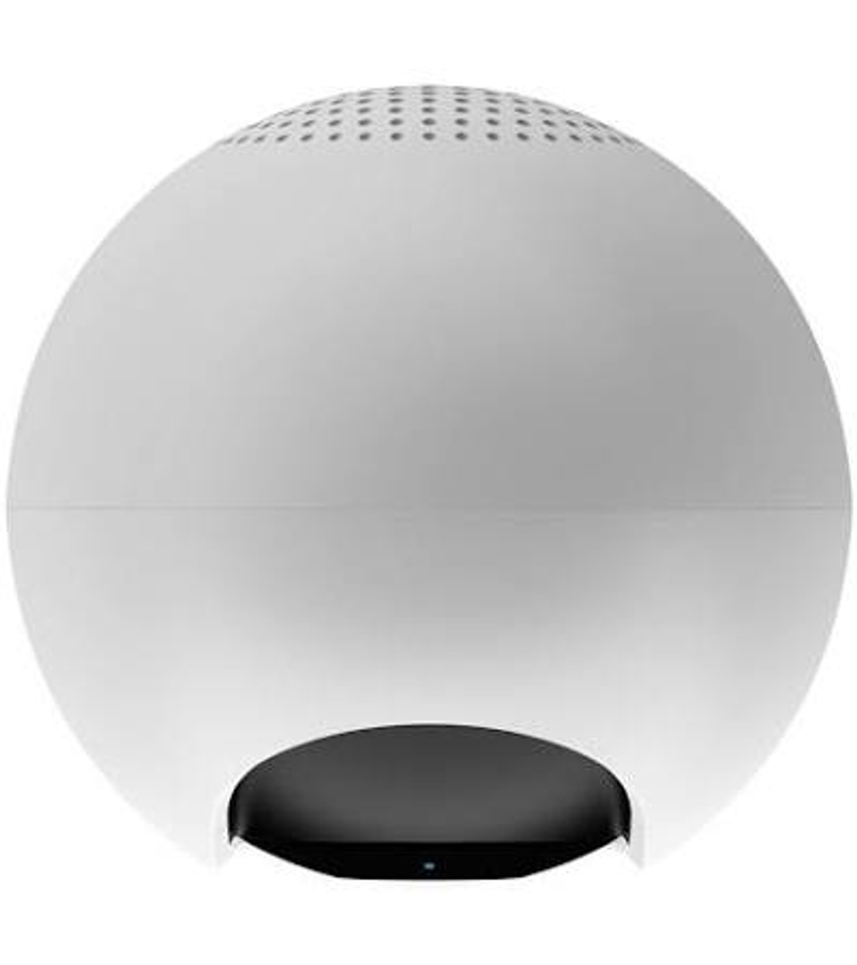 Un altavoz esférico blanco con base oscura y parte superior perforada.