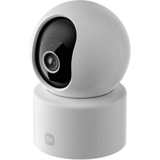Una cámara de seguridad blanca con cabeza giratoria y logo de Xiaomi.