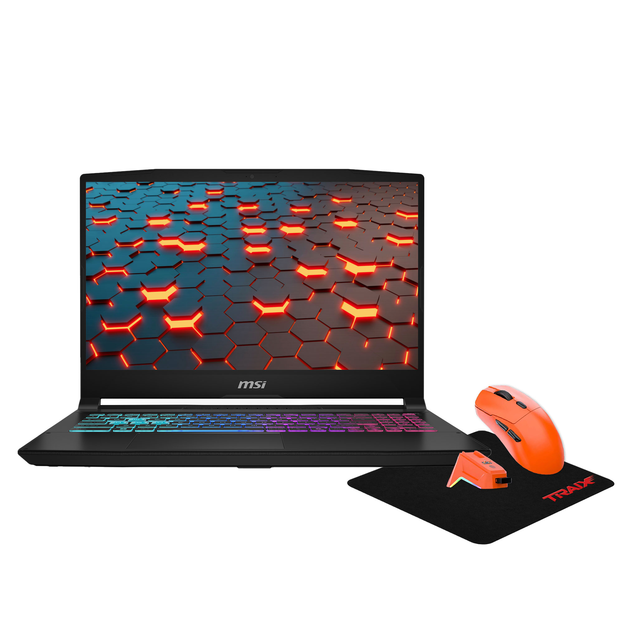 Renkli klavyeli MSI dizüstü bilgisayar, turuncu fare ve kırmızı logolu mousepad.