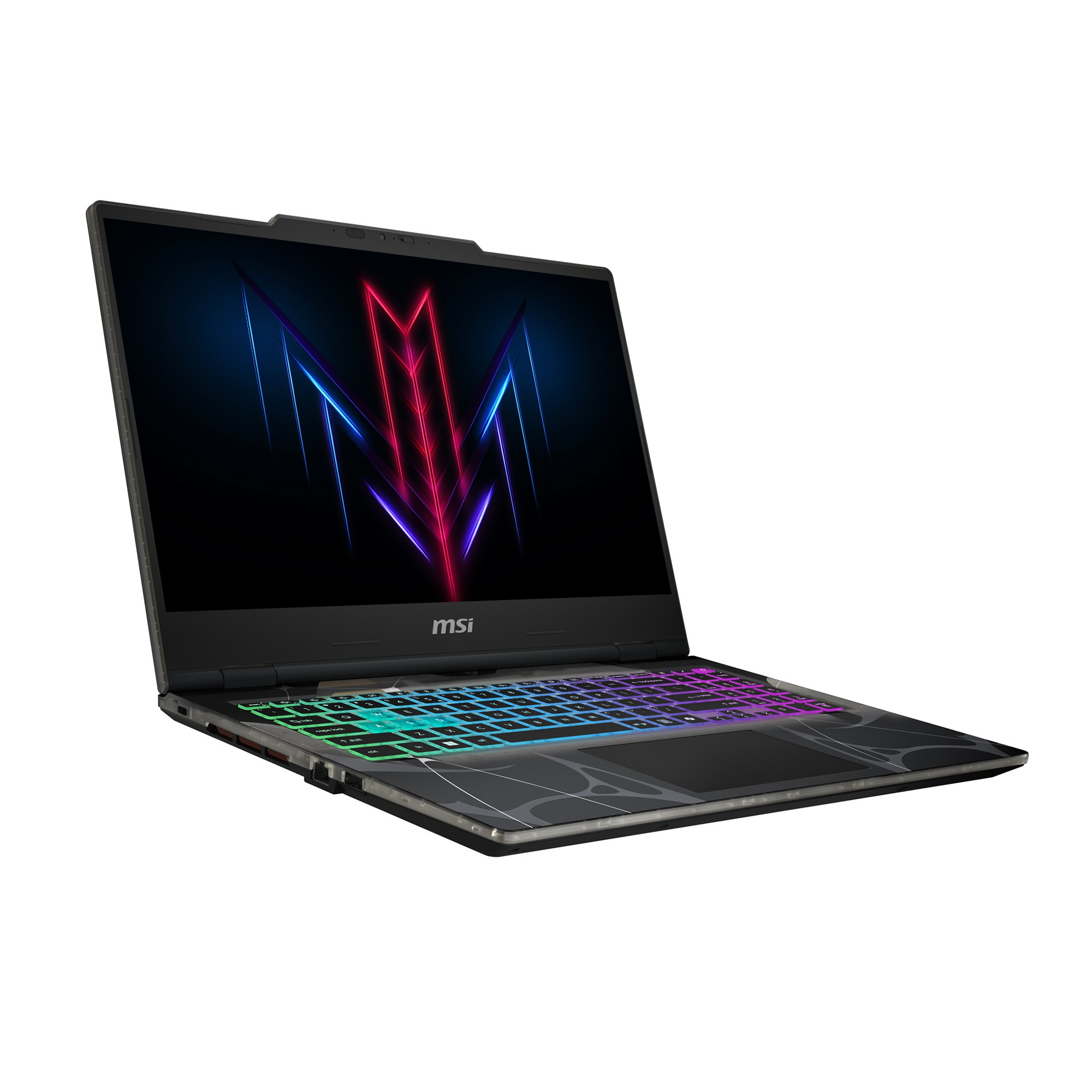 Arkadan aydınlatmalı klavyeli ve grafik ekrana sahip açık bir MSI oyun dizüstü bilgisayarı.