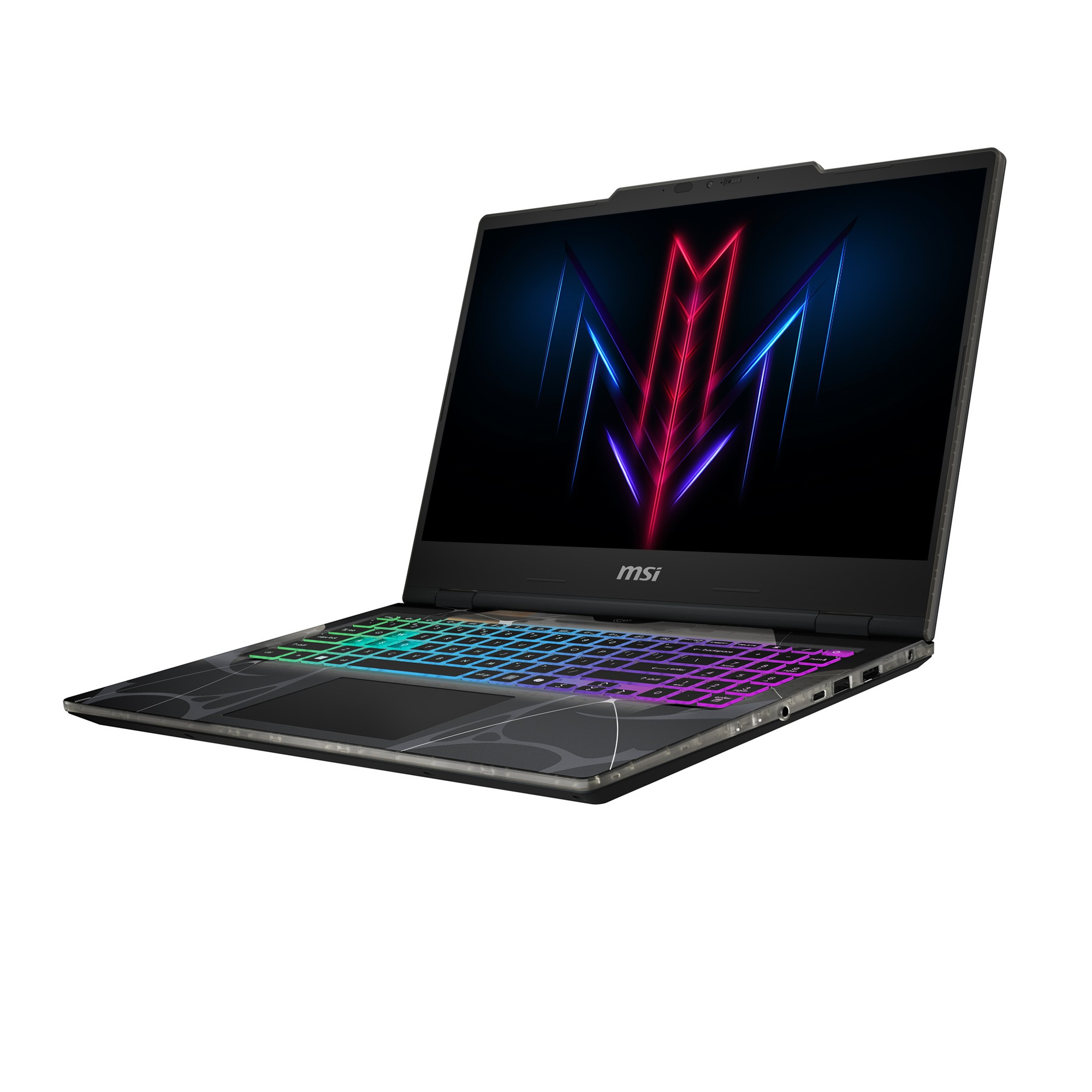 Arkadan aydınlatmalı klavyeli ve ekranda logolu açık MSI dizüstü bilgisayar.