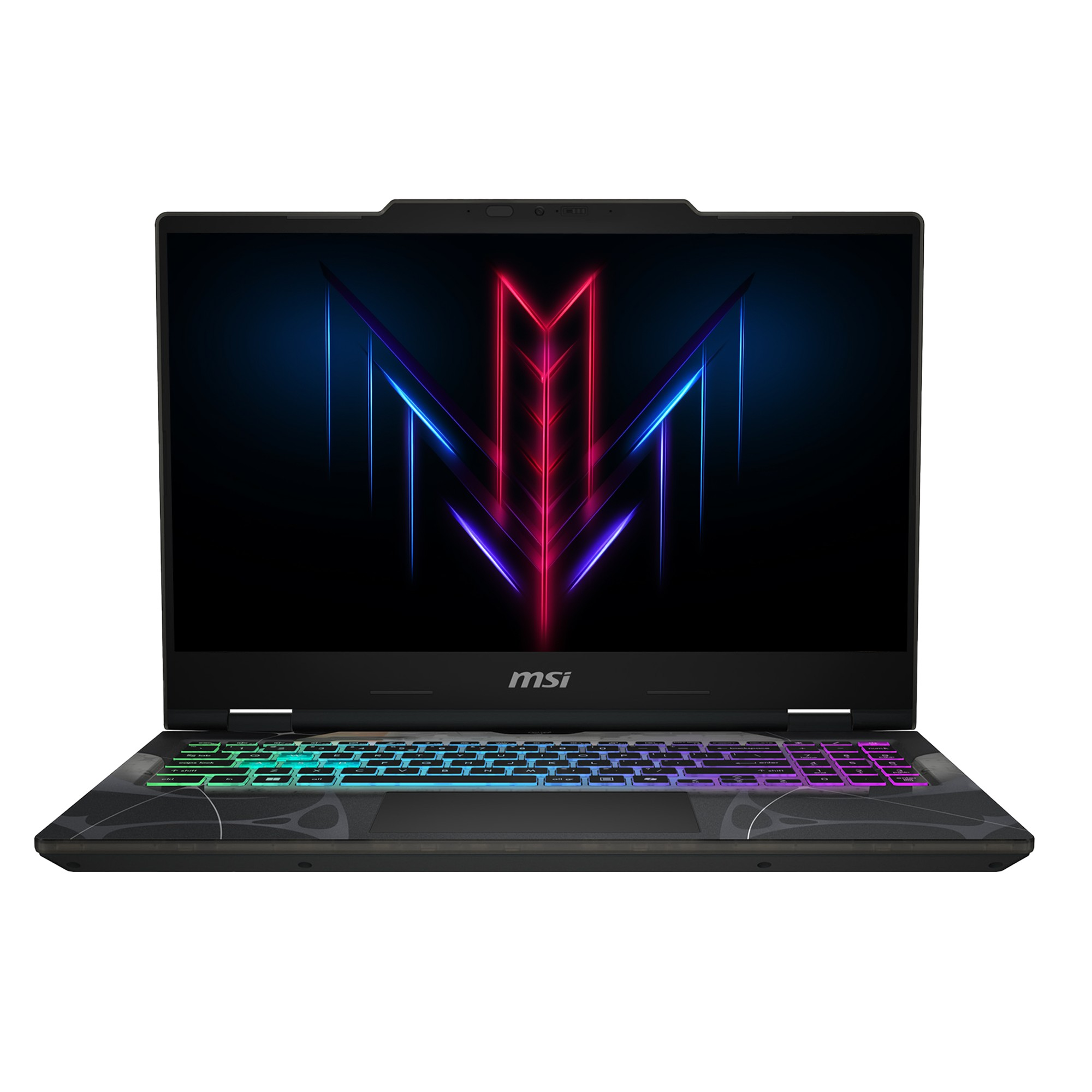 Arkadan aydınlatmalı klavyeli ve soyut ekran duvar kağıtlı açık bir MSI oyun dizüstü bilgisayarı.