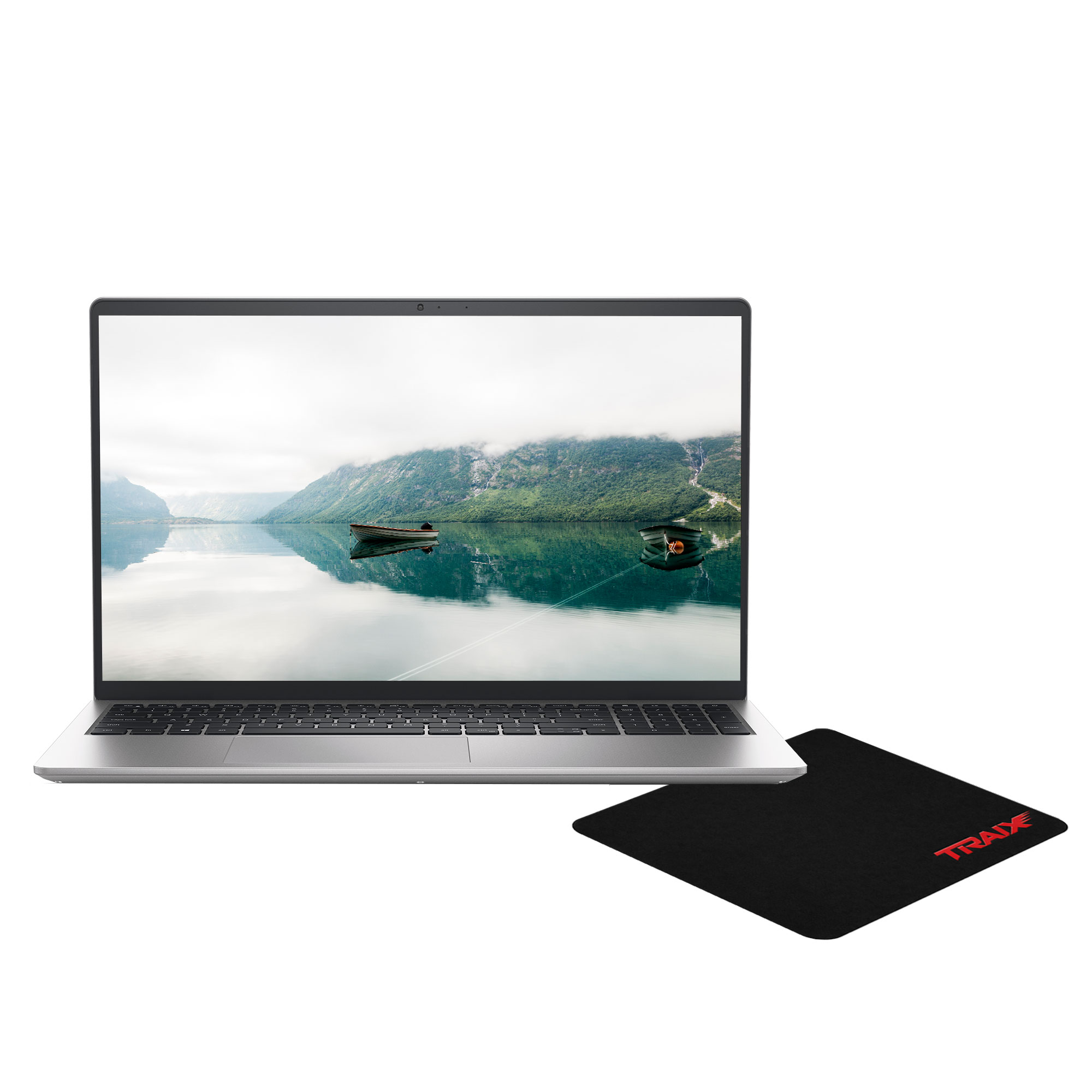 Kırmızı logolu siyah mousepad'in yanında açık bir dizüstü bilgisayar.