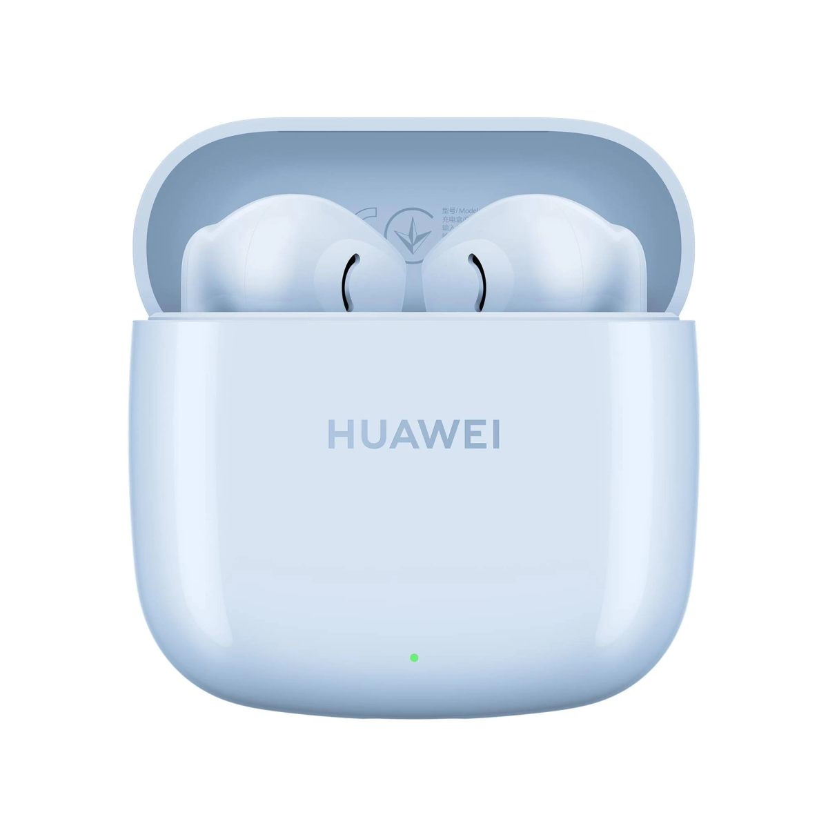 Auriculares Huawei azul claro en un estuche abierto, con luz indicadora verde.